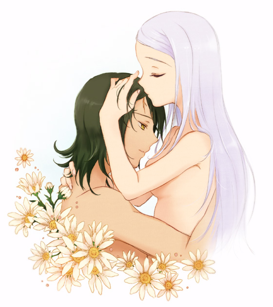 plum (arch), allelujah haptism, marie parfacy, soma peries, gundam, gundam 00, light purple hair, 00s, 1boy, 1girl, completely nude, couple, flower, green hair, hetero, hug, kiss, long hair, nude, scar, yellow eyes