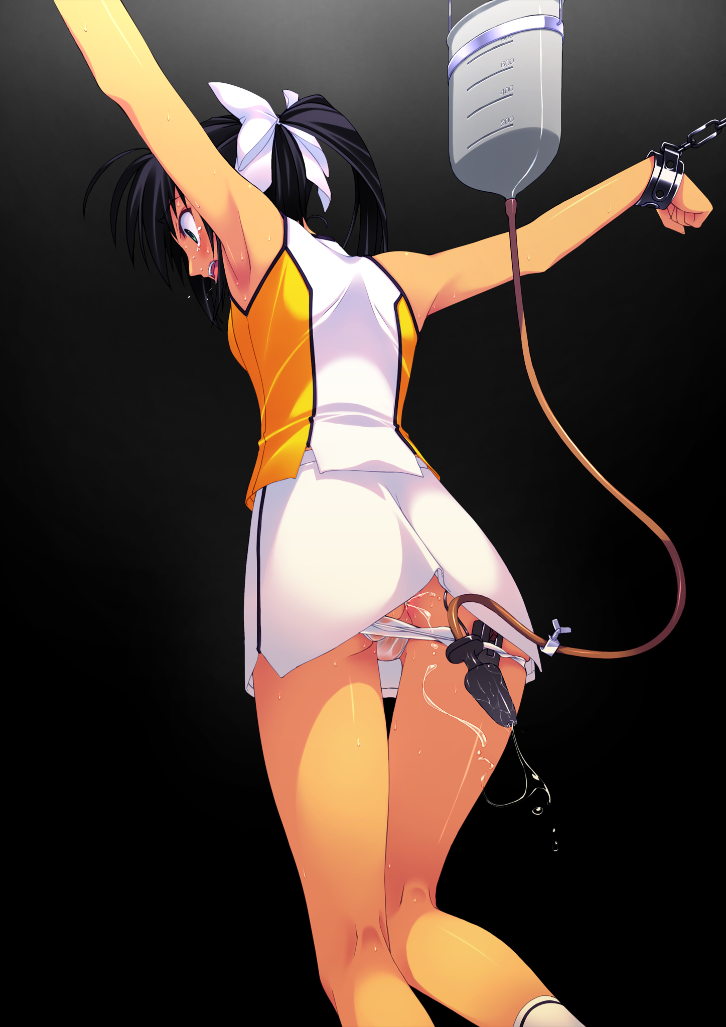 murakami suigun, f-ism, original, looking away, highres, 1girl, anal, anus only, armpits, bare arms, bare shoulders, bdsm, black background, black hair, blush, bondage, bound, bow, breasts, butt plug, chain, chained, cheerleader, clenched teeth, cuffs, enema, feet out of frame, female focus, from behind, green eyes, hair bow, kneepits, long hair, medium breasts, miniskirt, open mouth, outstretched arms, panties, panty pull, ponytail, profile, sex toy, sideways mouth, skirt, sleeveless, socks, solo, spread arms, sweat, tears, teeth, thighs, tube, underwear, upper teeth only, upskirt, wet, wet clothes, wet panties, white bow, white panties, white skirt, white socks