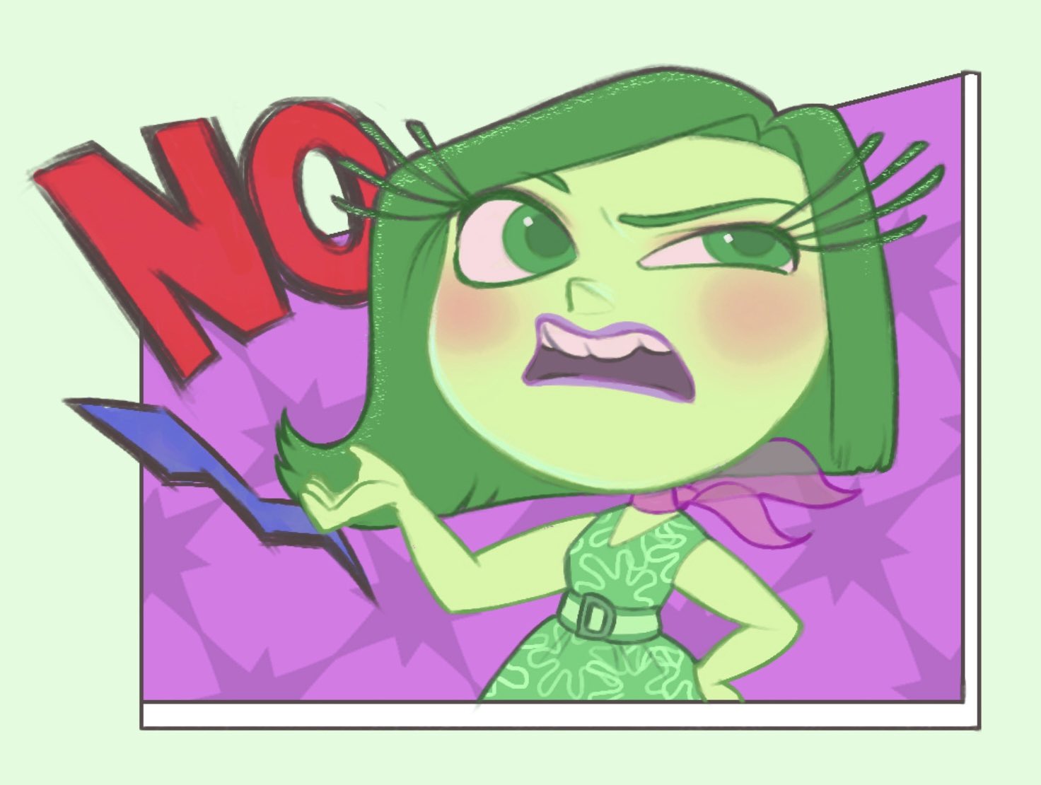 ri ri ri2, disgust (inside out), inside out, 1girl, breasts, colored skin, dress, green dress, green eyes, green hair, green skin, looking at viewer, open mouth, short hair, simple background, toon (style), white background