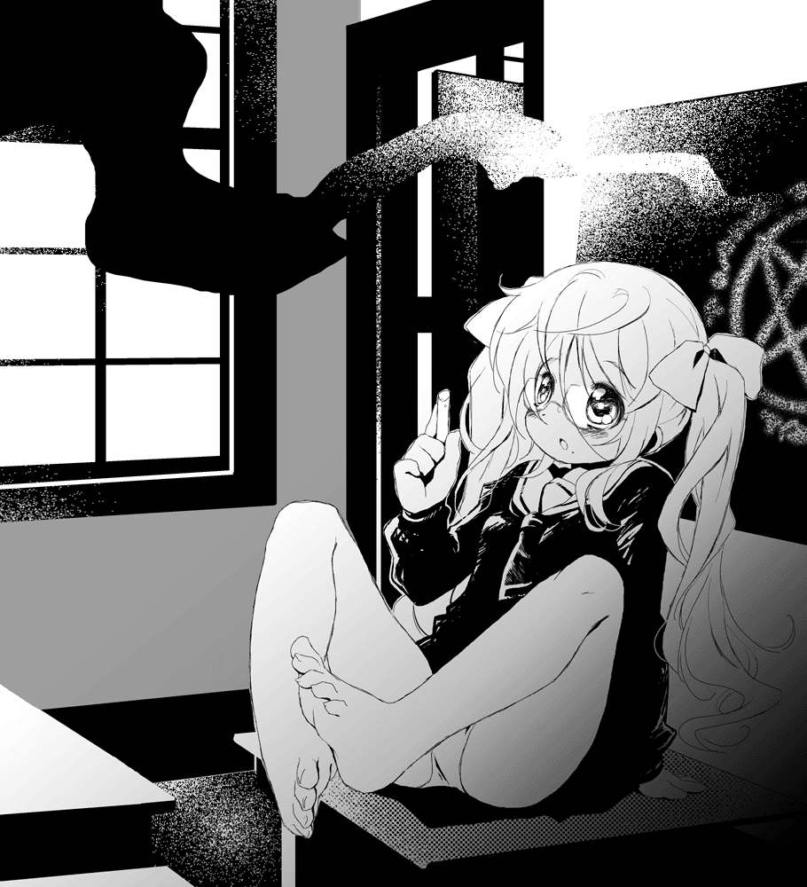 suzuki kokono, original, 1girl, barefoot, blush, chalk, chalkboard, feet, female focus, glasses, greyscale, indoors, long hair, magic, monochrome, panties, pentagram, school uniform, serafuku, sitting, soles, solo, toes, twintails, underwear