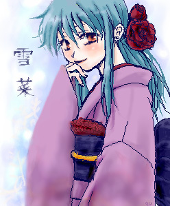 yukina (yu yu hakusho), yuu yuu hakusho, lowres, 1girl, blue eyes, blue hair, blush, female focus, japanese clothes, kimono, long hair, long sleeves, matching hair/eyes, oekaki, red eyes, solo