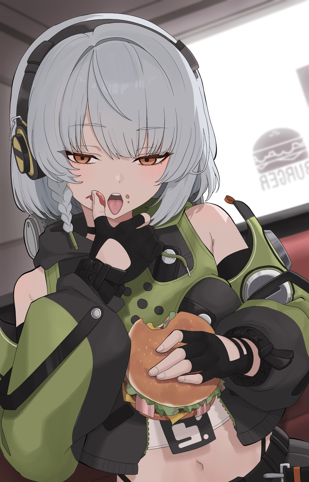 anby demara, zenless zone zero, highres, 1girl, belted skirt, black thighhighs, braid, burger, fingerless gloves, food, gloves, grey hair, headphones, holding, holding burger, holding food, jacket, looking at viewer, open mouth, orange eyes, short hair, skirt, solo, thighhighs, user eucy5782