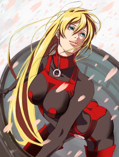 adette kistler, overman king gainer, 00s, 1girl, arched back, blonde hair, blue eyes, bodysuit, breasts, cleavage, female focus, lipstick, long hair, makeup, petals, solo