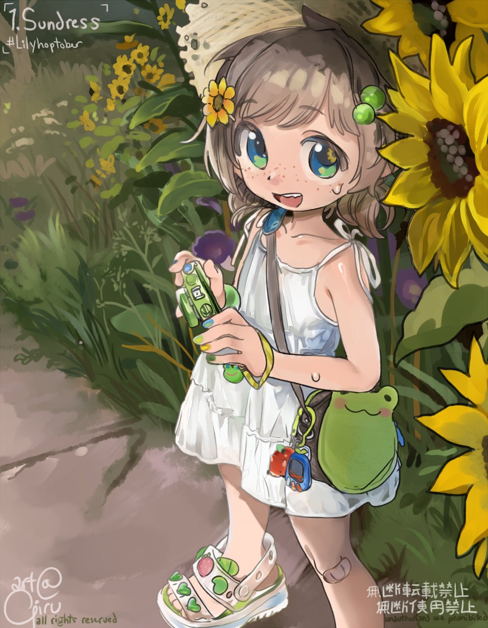girutea, lily hopkins, indie virtual youtuber, highres, 1girl, bag, bandaid, bandaid on knee, bandaid on leg, dress, flower, freckles, hair ornament, open mouth, sandals, solo, sundress, sunflower, white dress