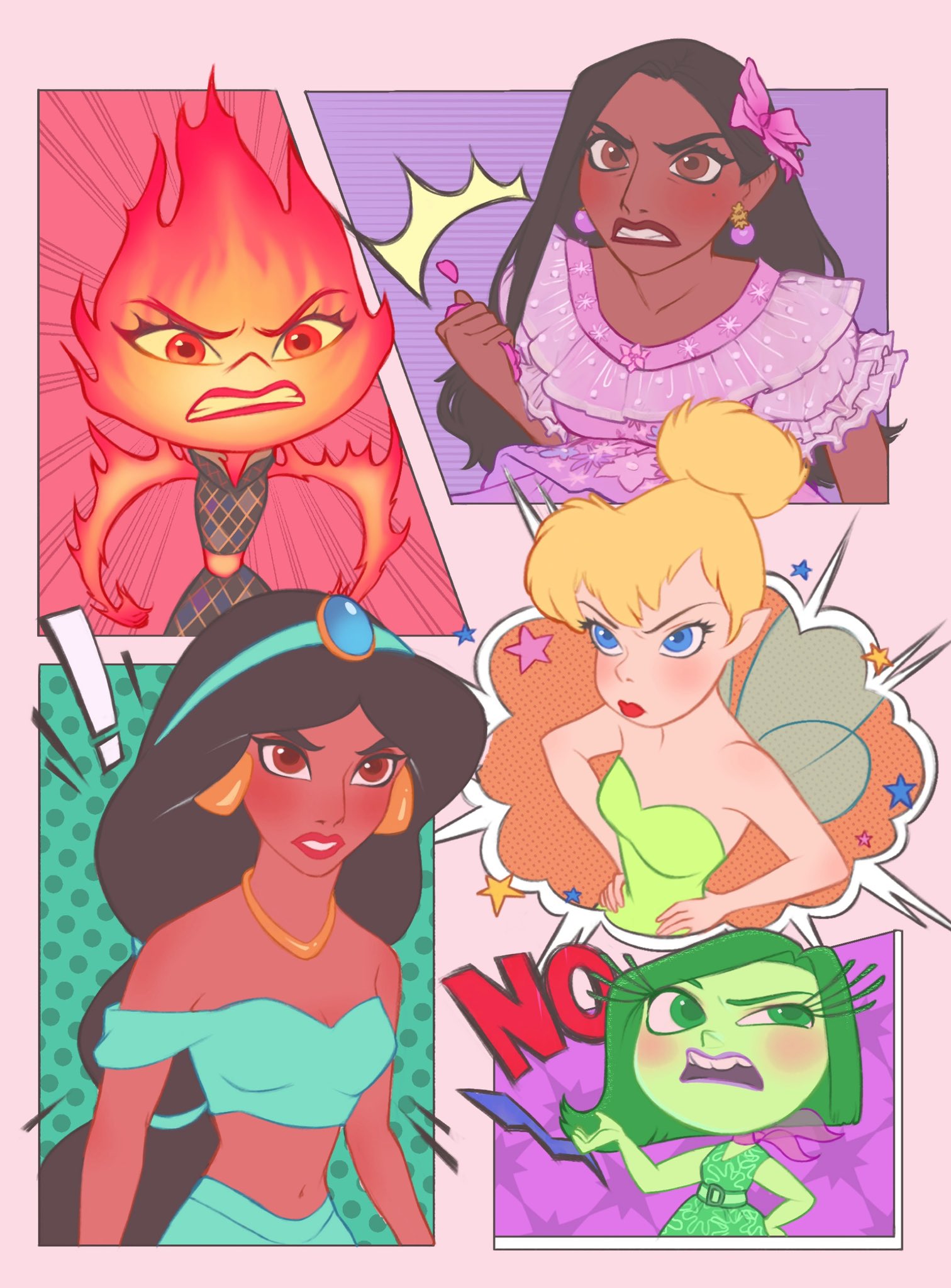 ri ri ri2, disgust (inside out), ember (elemental), isabela madrigal, jasmine (disney), tinker bell (disney), aladdin (movie), disney, elemental (movie), encanto, inside out, walt disney's peter pan, highres, 5girls, arabian clothes, bare shoulders, black hair, blonde hair, breasts, brown eyes, brown hair, dark-skinned female, dark skin, dress, earrings, elemental (creature), fairy, fairy wings, fire, fire elemental, green dress, green tunic, hair bun, jewelry, long hair, looking at viewer, multiple girls, navel, necklace, off shoulder, orange eyes, pants, single hair bun, sleeveless, sleeveless dress, tunic, very long hair, wings