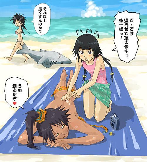 shiba kuukaku, shihouin yoruichi, sui-feng, bleach, untied, translated, 00s, 3girls, beach, bikini, black hair, blush, dark-skinned female, dark skin, day, flat chest, kneeling, lotion, lying, multiple girls, ocean, on stomach, outdoors, ponytail, sarong, shark, short hair with long locks, sunscreen, sweatdrop, swimsuit, twintails