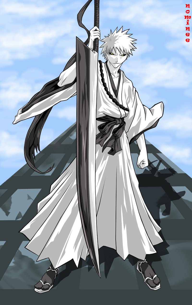 hollow ichigo, kurosaki ichigo, zangetsu (bleach), bleach, highres, 00s, 1boy, colored skin, hollow (bleach), huge weapon, male focus, sandals, solo, sword, weapon, white hair, white skin, yellow eyes