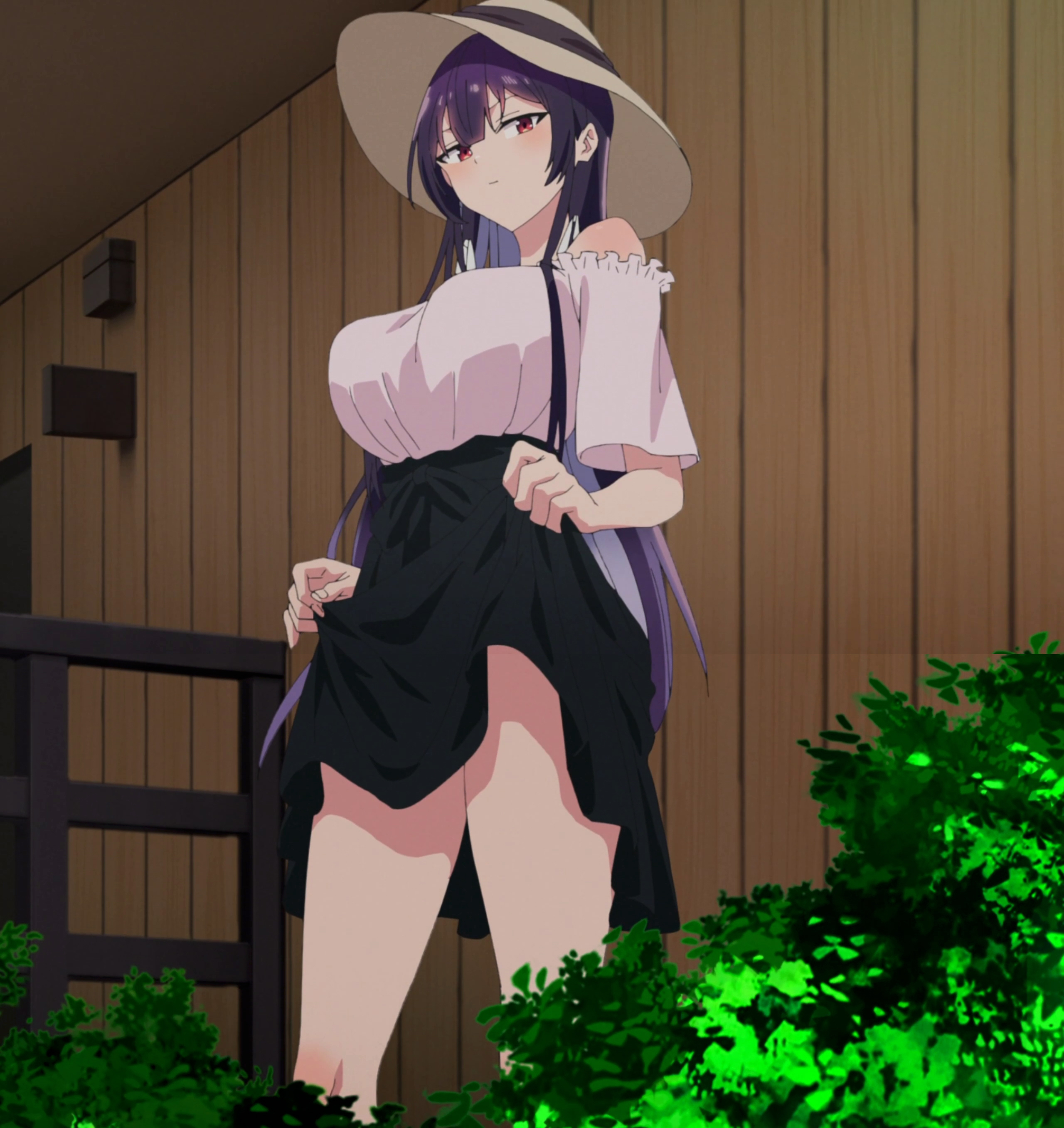 takamine takane, haite kudasai takamine-san, absurdres, anime screenshot, highres, stitched, third-party edit, 1girl, bare legs, black skirt, breasts, closed mouth, clothes lift, colored inner hair, feet out of frame, female focus, hat, large breasts, lifting own clothes, long hair, looking at viewer, multicolored hair, outdoors, purple hair, red eyes, shirt, shirt tucked in, skirt, skirt lift, solo, standing, sun hat, thighs, two-tone hair, very long hair, white hat, white shirt