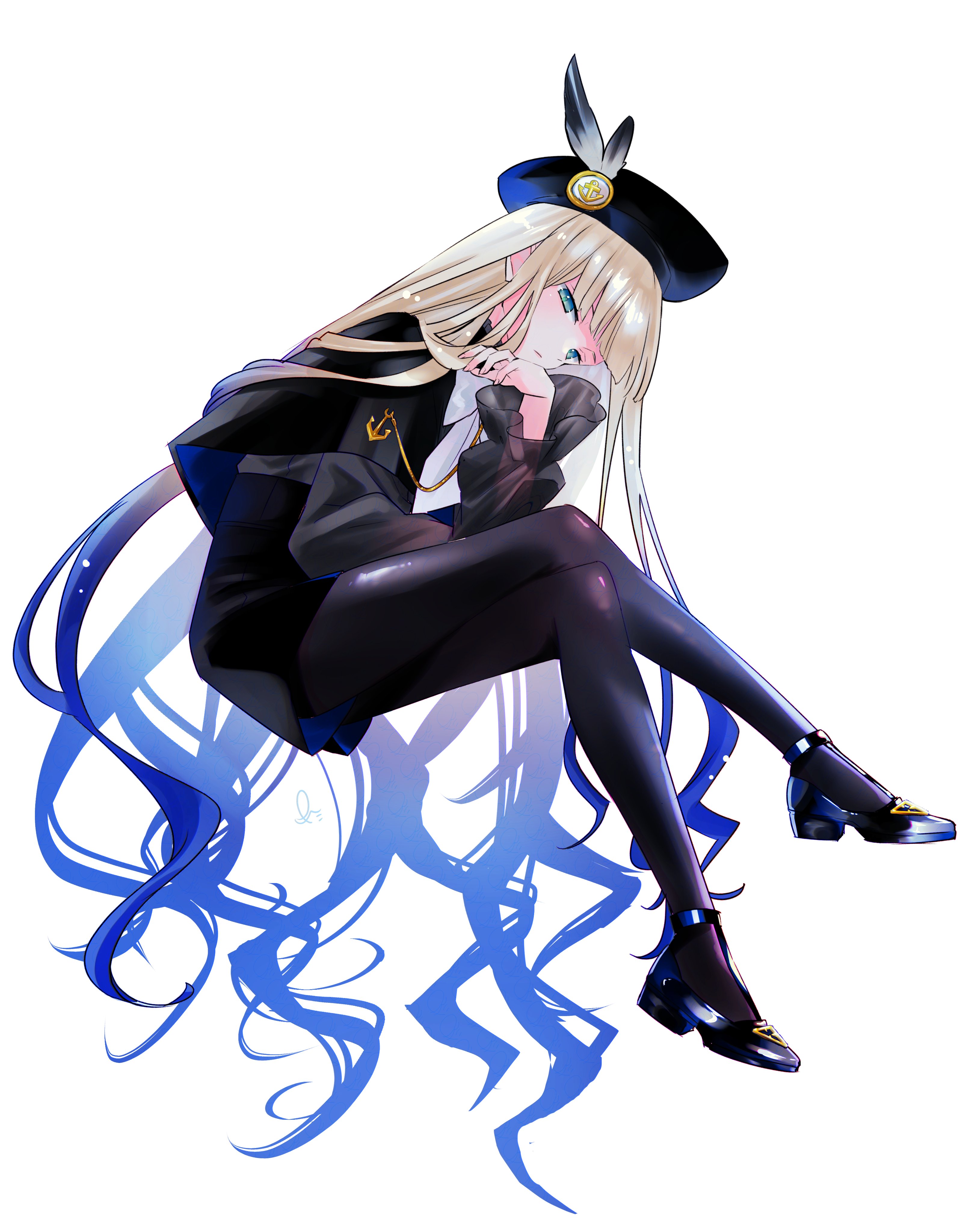 punta, fate/grand order, fate (series), absurdres, highres, 1boy, beret, black capelet, black hat, black pantyhose, black shoes, blonde hair, blue eyes, capelet, crossed legs, full body, gradient hair, hat, invisible chair, long hair, long sleeves, looking at viewer, male focus, multicolored hair, noah (second ascension) (fate/grand order), pantyhose, shoes, short shorts, shorts, simple background, sitting, solo, trap, very long hair, white background