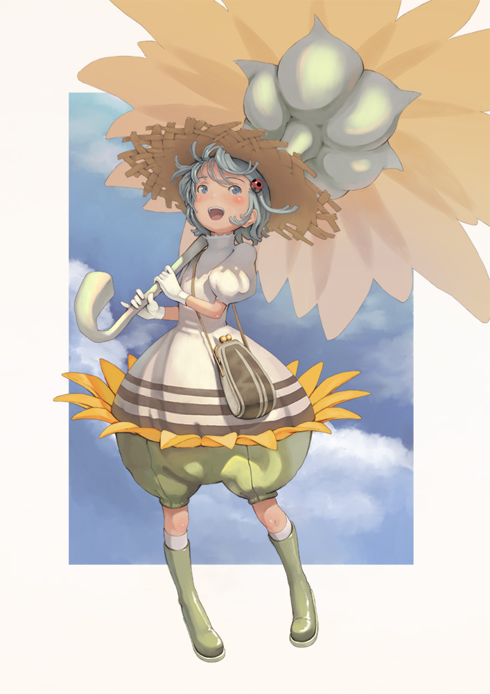 mars (artist), shizuma yoshinori, original, silver hair, 1girl, bag, blush, boots, fairy, female focus, flower, gloves, grey eyes, handbag, hat, kneehighs, open mouth, pinky out, smile, socks, solo, straw hat, sunflower, umbrella