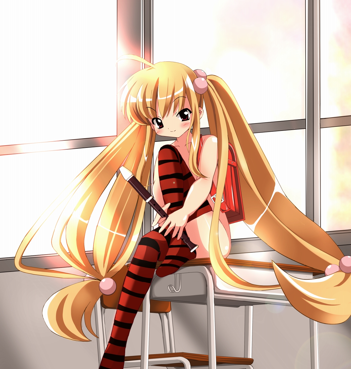 kiriya haruhito, kokonoe rin, kodomo no jikan, highres, 00s, ahoge, backpack, bag, blonde hair, blush, brown eyes, censored, classroom, convenient censoring, convenient leg, desk, flute, hair bobbles, hair ornament, indoors, instrument, leg up, loli, long hair, naughty face, nude, randoseru, recorder, school, sitting, smile, solo, sphere hair ornament, striped clothes, striped thighhighs, thighhighs, twintails, very long hair
