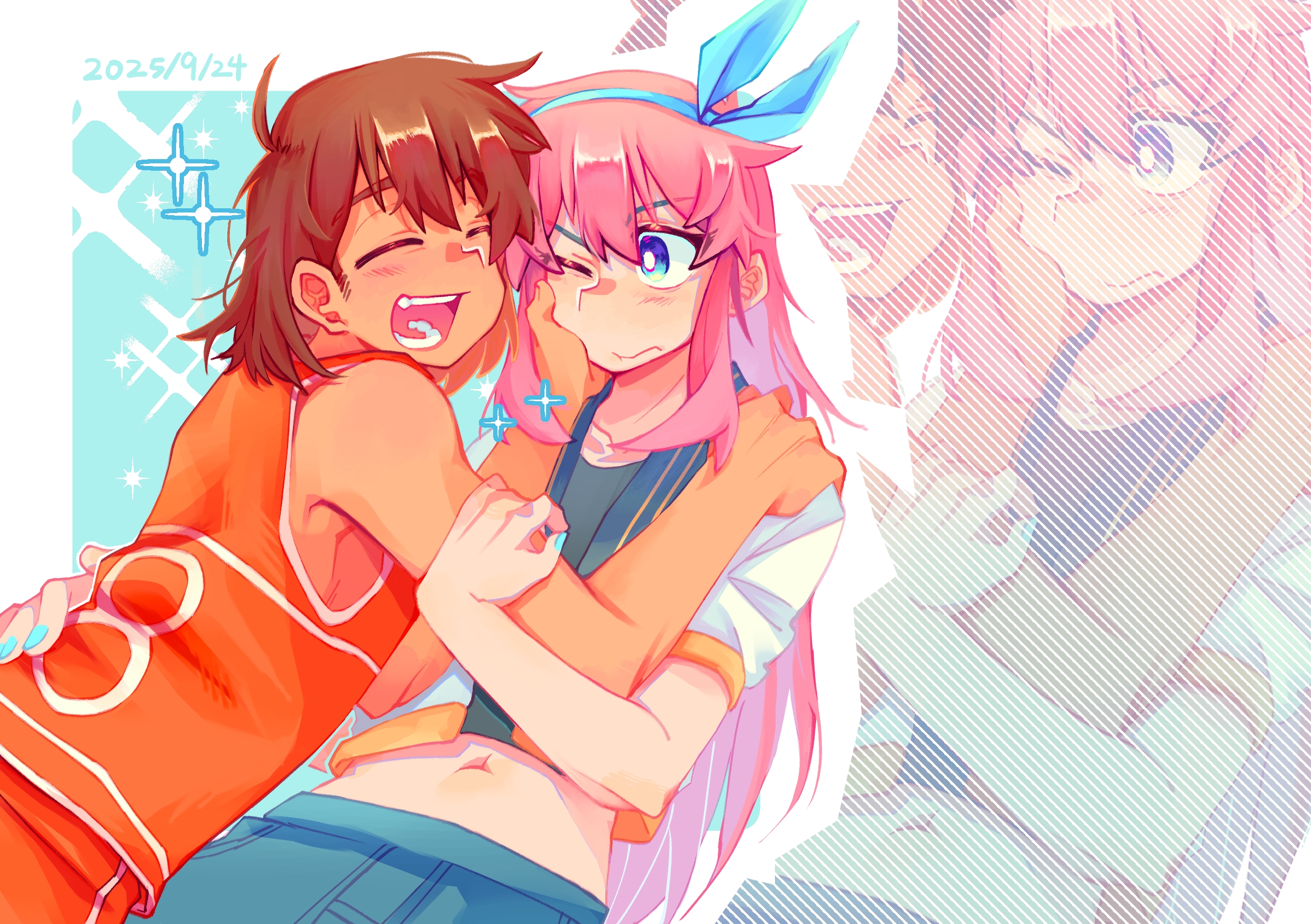 aubrey (faraway) (omori), aubrey (omori), kel (faraway) (omori), kel (omori), omori, highres, 1boy, 1girl, antenna hair, blue eyes, blue hairband, blue nails, blue skirt, blush, bright pupils, brown hair, closed eyes, closed mouth, crop top, dark-skinned male, dark skin, dated, denim, denim skirt, hair between eyes, hairband, hand on another's face, huasuan69416, jacket, long hair, looking at another, navel, one eye closed, open mouth, orange shorts, pink hair, short-sleeved jacket, short hair, short sleeves, shorts, skirt, smile, teeth, white jacket, white pupils, zoom layer