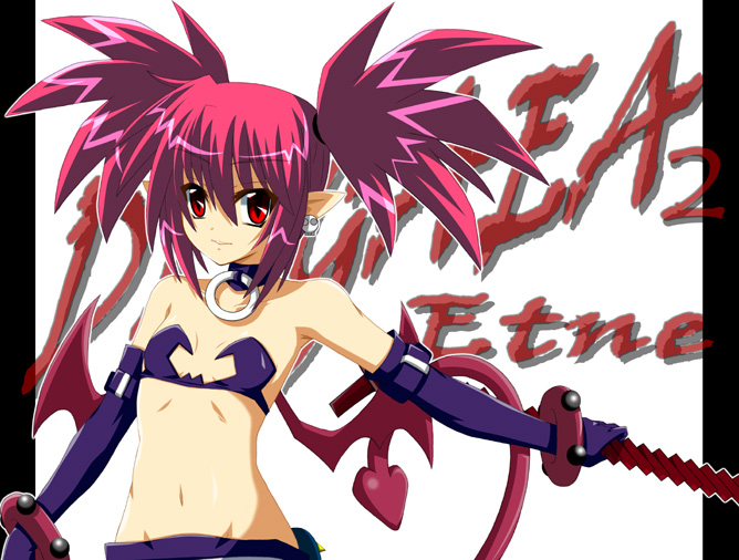 etna (disgaea), disgaea, makai senki disgaea 2, nippon ichi, 1girl, female focus, gloves, pink hair, red eyes, solo, tail, wings