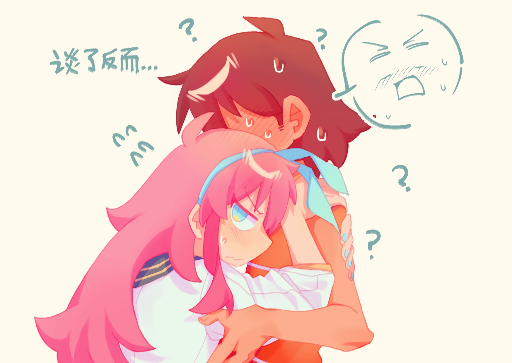 aubrey (faraway) (omori), aubrey (omori), kel (faraway) (omori), kel (omori), omori, highres, translation request, 1boy, 1girl, ?, ??, blue eyes, blue hairband, blue nails, blush, brown hair, chinese text, closed mouth, dark-skinned male, dark skin, flying sweatdrops, full-face blush, grey background, hairband, hand on another's arm, hand on another's shoulder, huasuan69416, hug, jacket, long hair, looking at viewer, pink hair, short-sleeved jacket, short hair, short sleeves, simple background, spoken expression, sweat, sweatdrop, wavy mouth, white jacket