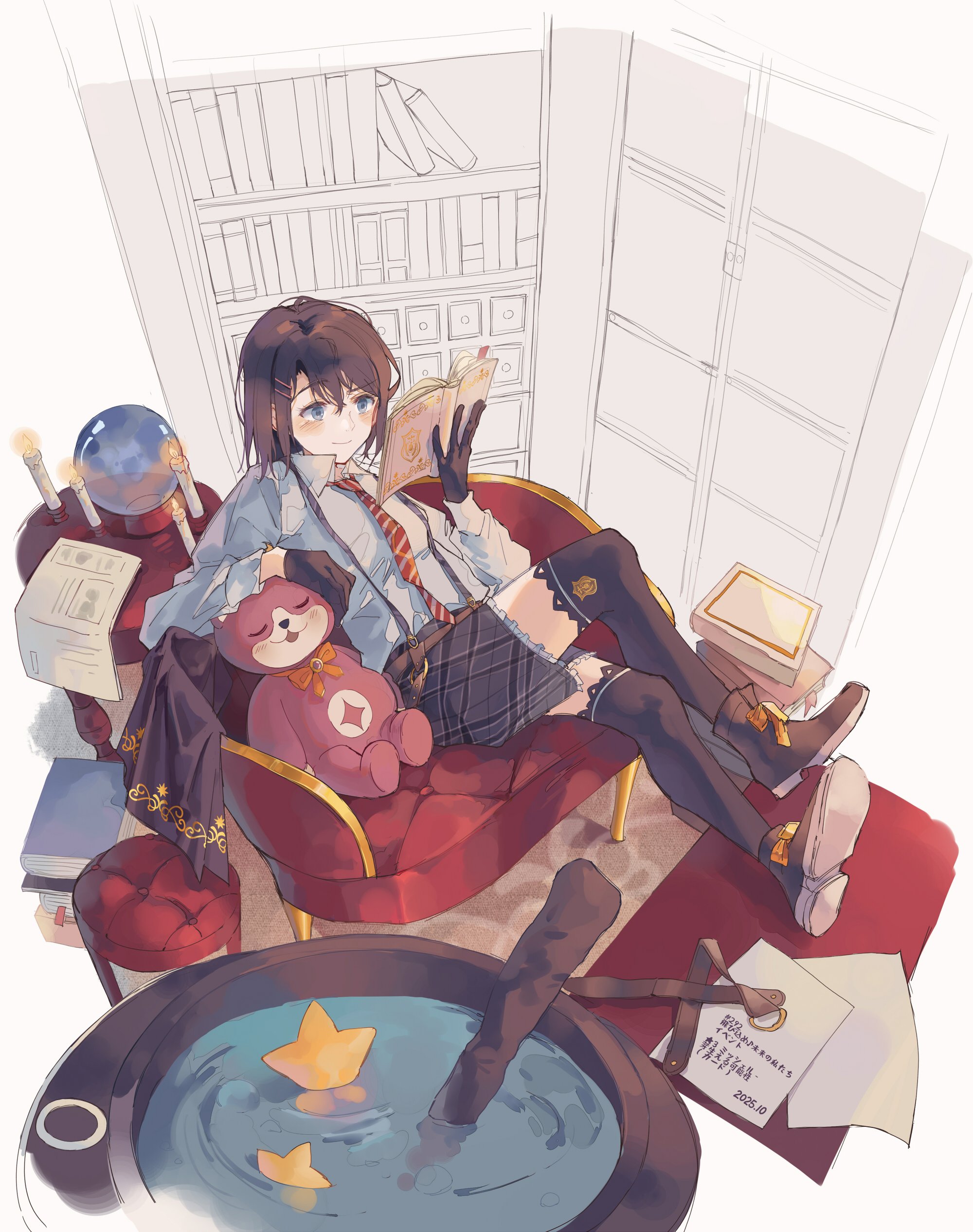 michelle (bang dream!), okusawa misaki, bang dream!, absurdres, hashtag-only commentary, highres, 1girl, armchair, belt, belt buckle, black gloves, black hair, black shoes, blue eyes, book, bookmark, bookshelf, bow, bowtie, brooch, brown belt, buckle, candle, cape, cauldron, chair, closed mouth, collared shirt, cross, crossed bangs, crossed legs, elbow rest, emblem, footwear bow, full body, fumo25radar, garter straps, gloves, grey skirt, hair between eyes, hair ornament, hairclip, holding, holding book, jewelry, legs up, long sleeves, medium hair, miniskirt, necktie, on chair, orange bow, orange bowtie, orb, over-kneehighs, paper, partially colored, pile of books, plaid clothes, plaid skirt, reading, reclining, red necktie, shirt, shoes, skirt, smile, solo, star (symbol), stool, striped necktie, stuffed animal, stuffed toy, suspenders, table, teddy bear, thighhighs, two-tone necktie, unworn belt, unworn cape, white background, white necktie, white shirt