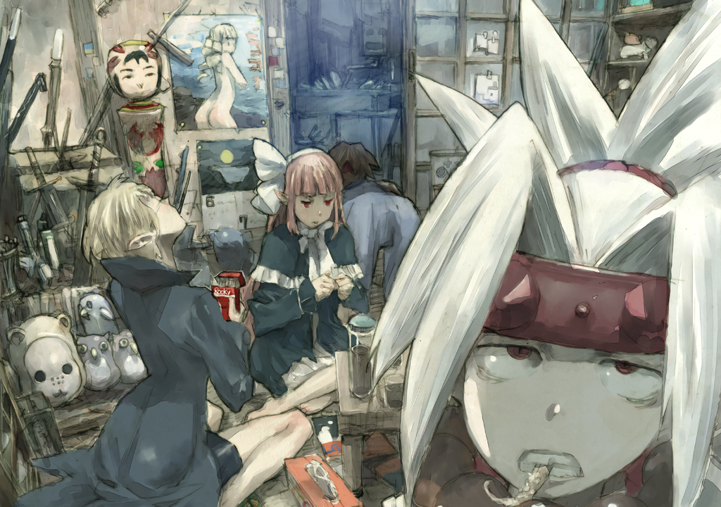 toi8, female swordmaster (phantom kingdom), mage (disgaea), male warrior (disgaea), professor (makai kingdom), professor (phantom kingdom), samurai (disgaea), warrior (disgaea), nippon ichi, phantom kingdom, 2boys, 2girls, blonde hair, bow, coat, dress, elf, food, multiple boys, multiple girls, pink hair, pocky, pointy ears, poster (medium), poster (object), red eyes, sword, weapon, white hair