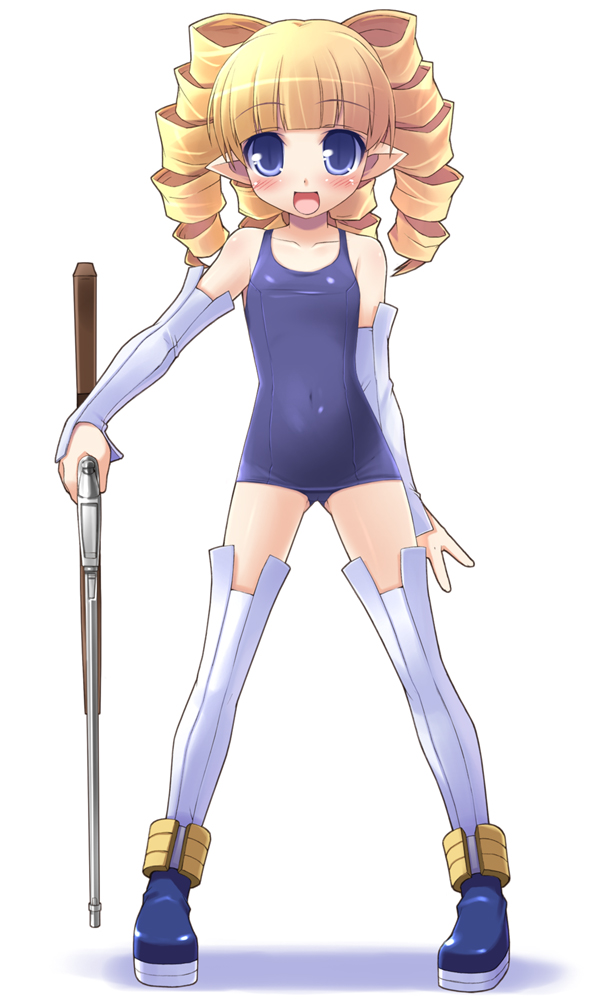 haga yui, archer (disgaea), disgaea, nippon ichi, phantom kingdom, 1girl, blonde hair, blue eyes, blue one-piece swimsuit, blunt bangs, blush, demon girl, detached sleeves, drill hair, female focus, gun, one-piece swimsuit, pointy ears, rifle, school swimsuit, solo, swimsuit, thighhighs, twintails, weapon