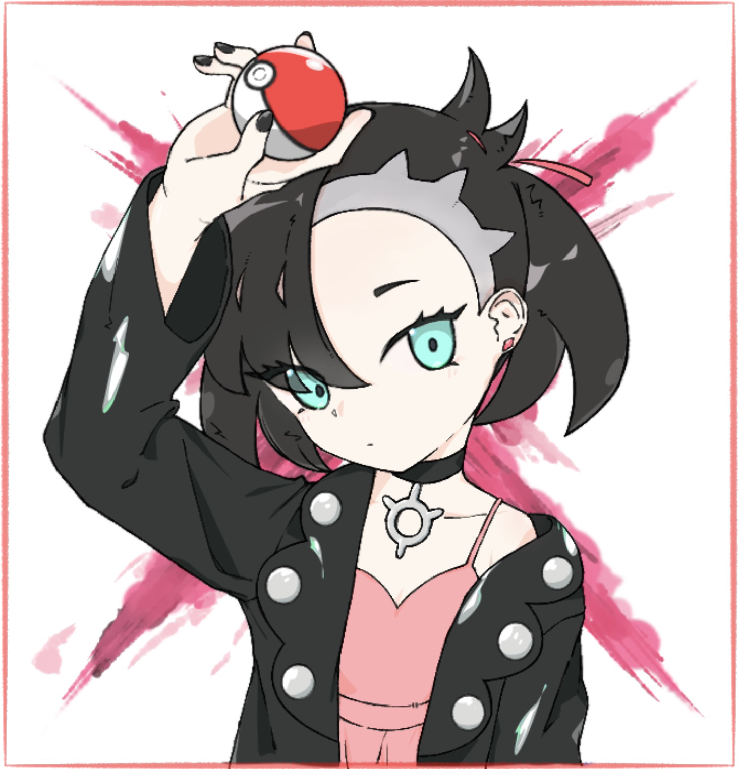 marnie (pokemon), nintendo, pokemon, pokemon swsh, highres, 1girl, arm up, asymmetrical bangs, black choker, black hair, black jacket, black nails, choker, dress, earrings, ekakpr3, green eyes, hair ribbon, holding, holding poke ball, jacket, jewelry, looking at viewer, pink dress, poke ball, poke ball (basic), ribbon, single off shoulder, solo, stud earrings, twintails, undercut, upper body