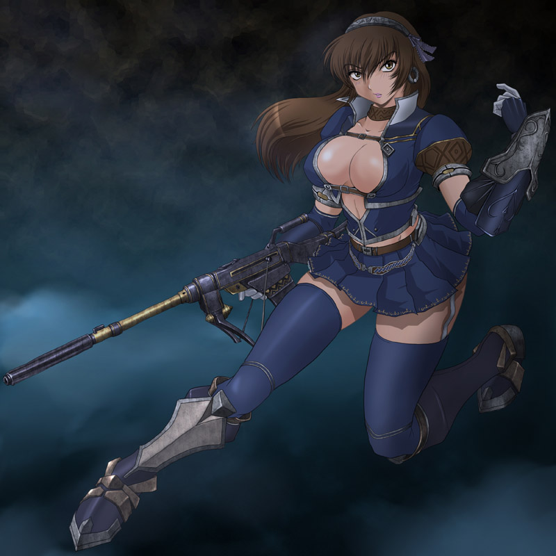 wancozow, capcom, monster hunter (series), monster hunter frontier, bad id, bad pixiv id, 1girl, armor, armored dress, azure (armor), belt bra, blue theme, breasts, brown eyes, brown hair, cleavage, curvy, dress, earrings, elbow gloves, female focus, gloves, gun, hairband, jewelry, large breasts, long hair, rifle, solo, thighhighs, weapon, zettai ryouiki