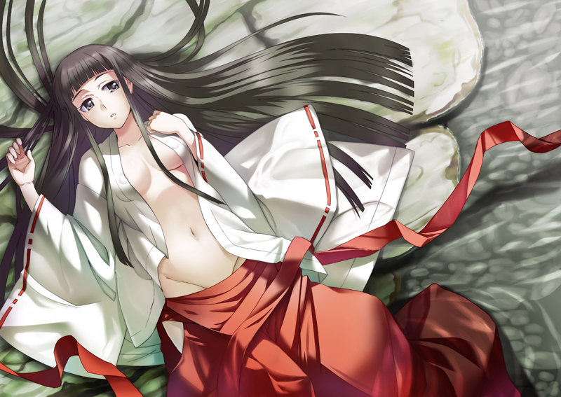 inue shinsuke, himegami aisa, toaru majutsu no index, toaru majutsu no index: old testament, 00s, 1girl, black eyes, black hair, breasts, covered erect nipples, female focus, groin, hakama, hakama skirt, hime cut, japanese clothes, long hair, looking at viewer, lying, miko, navel, on back, open clothes, open shirt, parted lips, red hakama, shirt, skirt, solo, very long hair, water