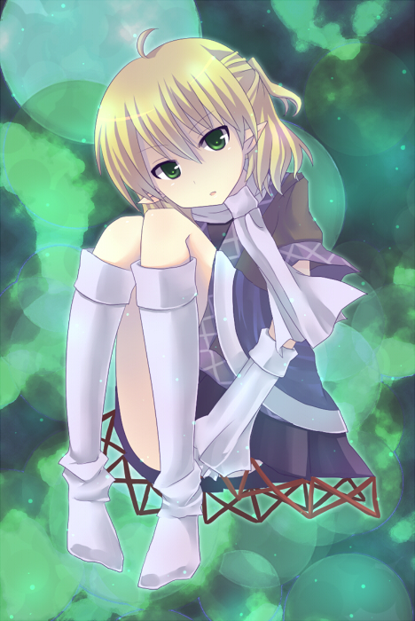 yukishiro mafuyu, mizuhashi parsee, touhou, 1girl, against tree, blonde hair, female focus, full body, green eyes, half updo, kneehighs, knees up, looking at viewer, outdoors, plant, pointy ears, sitting, socks, solo, tree, white socks