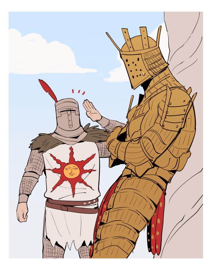 ming (5unri5e666), knight lautrec of carim, solaire of astora, dark souls (series), dark souls i, chinese commentary, commentary request, 2boys, armor, blue sky, border, chainmail, cloud, cowboy shot, full armor, gauntlets, gold armor, helm, helmet, knight, leg armor, loincloth, looking at another, male focus, multiple boys, notice lines, plume, sky, sun print, tunic, white border, white tunic
