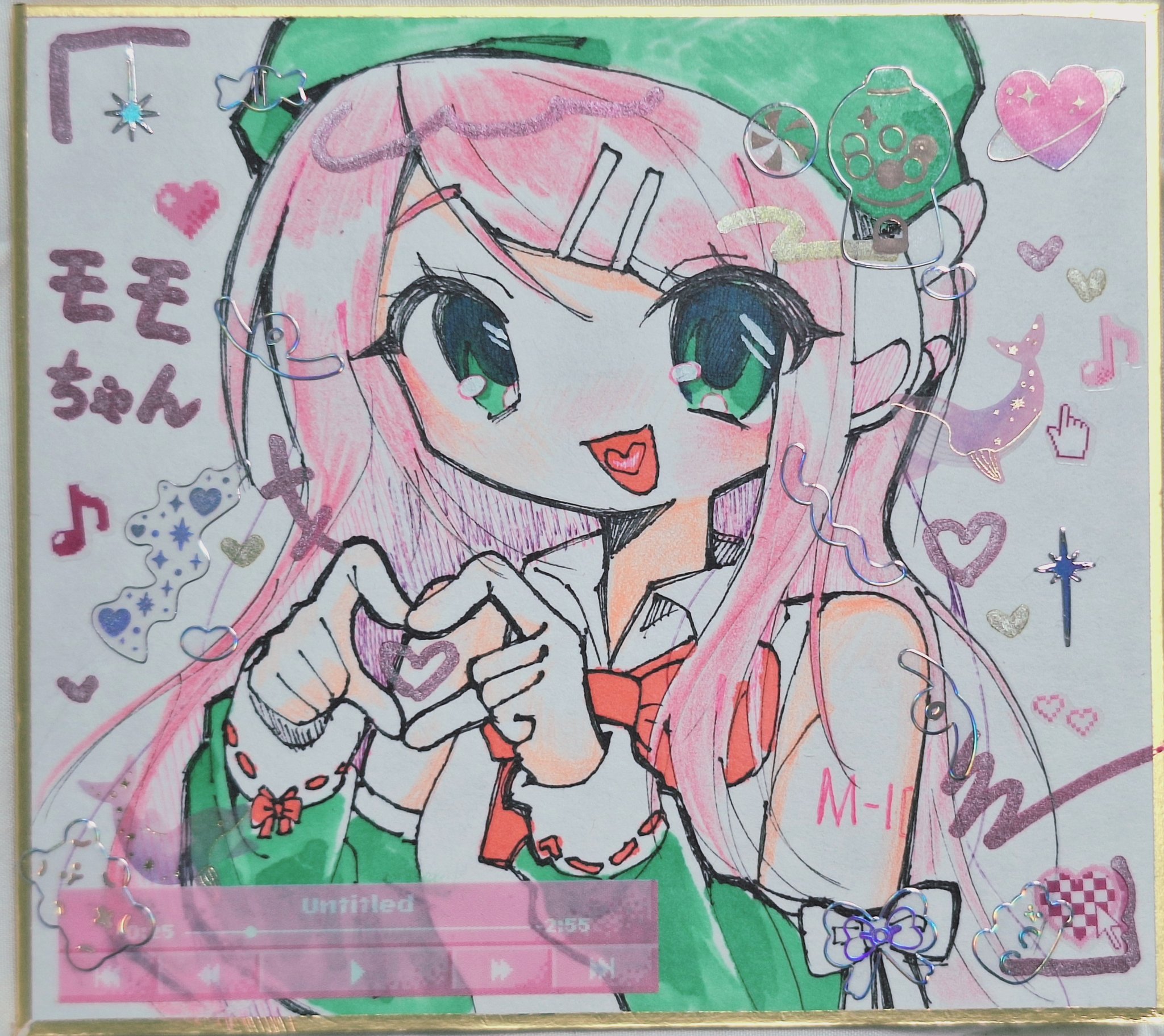 sn (sn utu00), momone momo, utau, highres, traditional media, bare shoulders, bow, bowtie, character name, detached sleeves, four-finger heart hands, green eyes, green hat, green sleeves, hair ornament, hairpin, hat, heart, heart hands, heart in mouth, long hair, looking at viewer, media player interface, open mouth, pink hair, red bow, red bowtie, robot ears, shikishi, smile, sticker, upper body