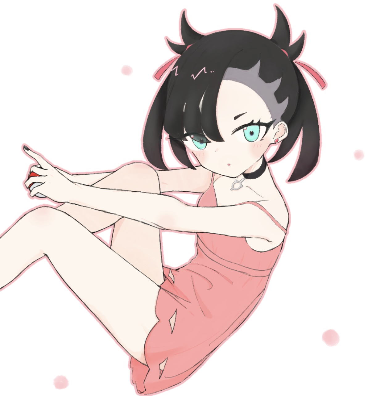 marnie (pokemon), nintendo, pokemon, pokemon swsh, highres, 1girl, :o, asymmetrical bangs, bare legs, black choker, black hair, black nails, blush, choker, dress, earrings, ekakpr3, green eyes, hair ribbon, holding, holding poke ball, jewelry, looking at viewer, no jacket, parted lips, pink dress, poke ball, poke ball (basic), ribbon, short dress, simple background, sitting, solo, spaghetti strap, strap slip, stud earrings, thighs, twintails, undercut, white background