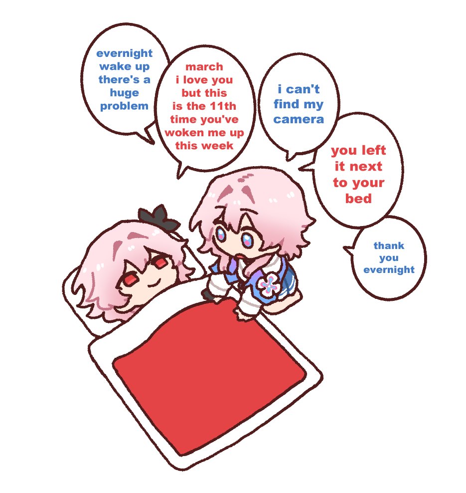 dorkdragoon, evernight (honkai: star rail), march 7th (honkai: star rail), march 7th (preservation) (honkai: star rail), honkai: star rail, honkai (series), 2girls, chibi, dual persona, english text, flower, hair between eyes, multicolored eyes, multiple girls, pillow, pink hair, red eyes, skirt, smile, speech bubble, two-tone eyes, under covers, white background