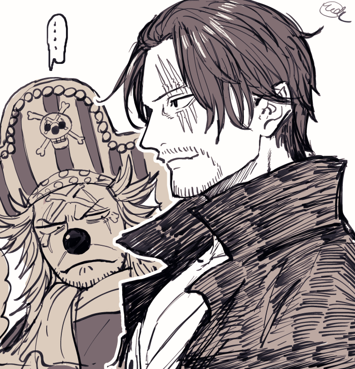 udaa (ahirucook), buggy the clown, shanks (one piece), one piece, 2boys, ascot, closed mouth, girl staring at guy's chest (meme), greyscale, hat, high collar, long hair, looking ahead, looking at breasts, makeup, male focus, meme, monochrome, multiple boys, pirate hat, scar, scar across eye, scar on face, short hair, simple background