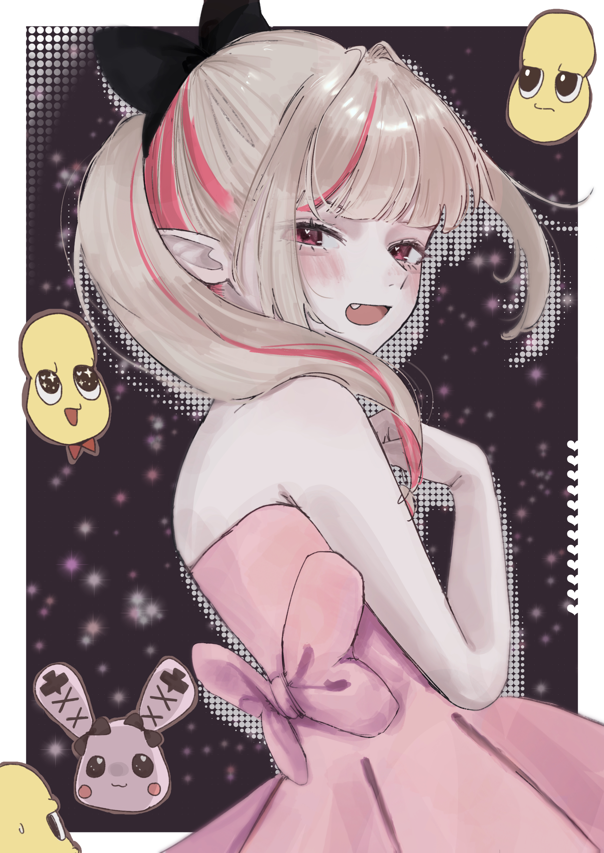 kagenone, makaino ririmu, peanuts-kun, mode aim, nijisanji, absurdres, highres, 1girl, :d, back bow, bare shoulders, black background, black bow, blunt bangs, blush, border, bow, colored inner hair, cowboy shot, dress, fang, from behind, grey hair, hair bow, hair intakes, hair over shoulder, long hair, looking at viewer, looking back, multicolored hair, official alternate costume, official alternate hairstyle, open mouth, outside border, pink bow, pink dress, pink hair, pink streaks, pointy ears, ponytail, red eyes, sidelocks, smile, strapless, strapless dress, streaked hair, stuffed animal, stuffed rabbit, stuffed toy, two-tone hair, virtual youtuber, white border