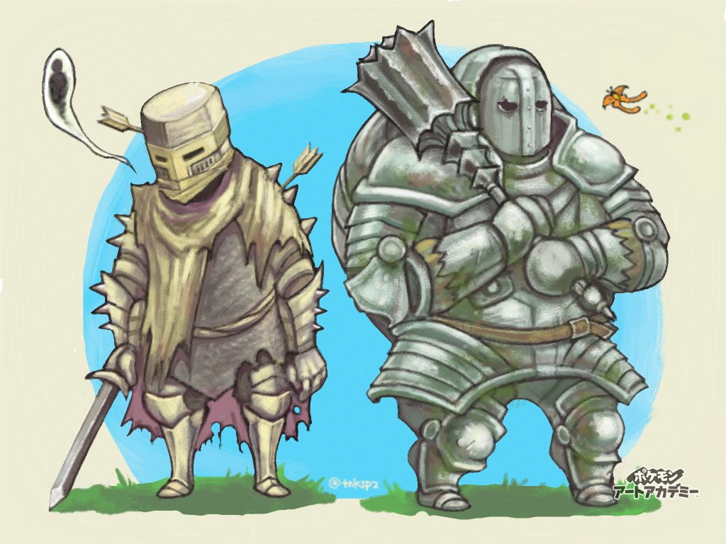 heide knight, dark souls (series), dark souls ii, commentary request, 2boys, armor, armored boots, arrow (projectile), arrow in body, black pants, boots, breastplate, bug, butterfly, chainmail, full armor, full body, gauntlets, helm, helmet, holding, holding mace, holding sword, holding weapon, insect, ironclad soldier, knight, mace, male focus, multiple boys, orange butterfly, pants, pauldrons, shoulder armor, spiked gauntlets, standing, sword, tanaka (tnksp2), weapon