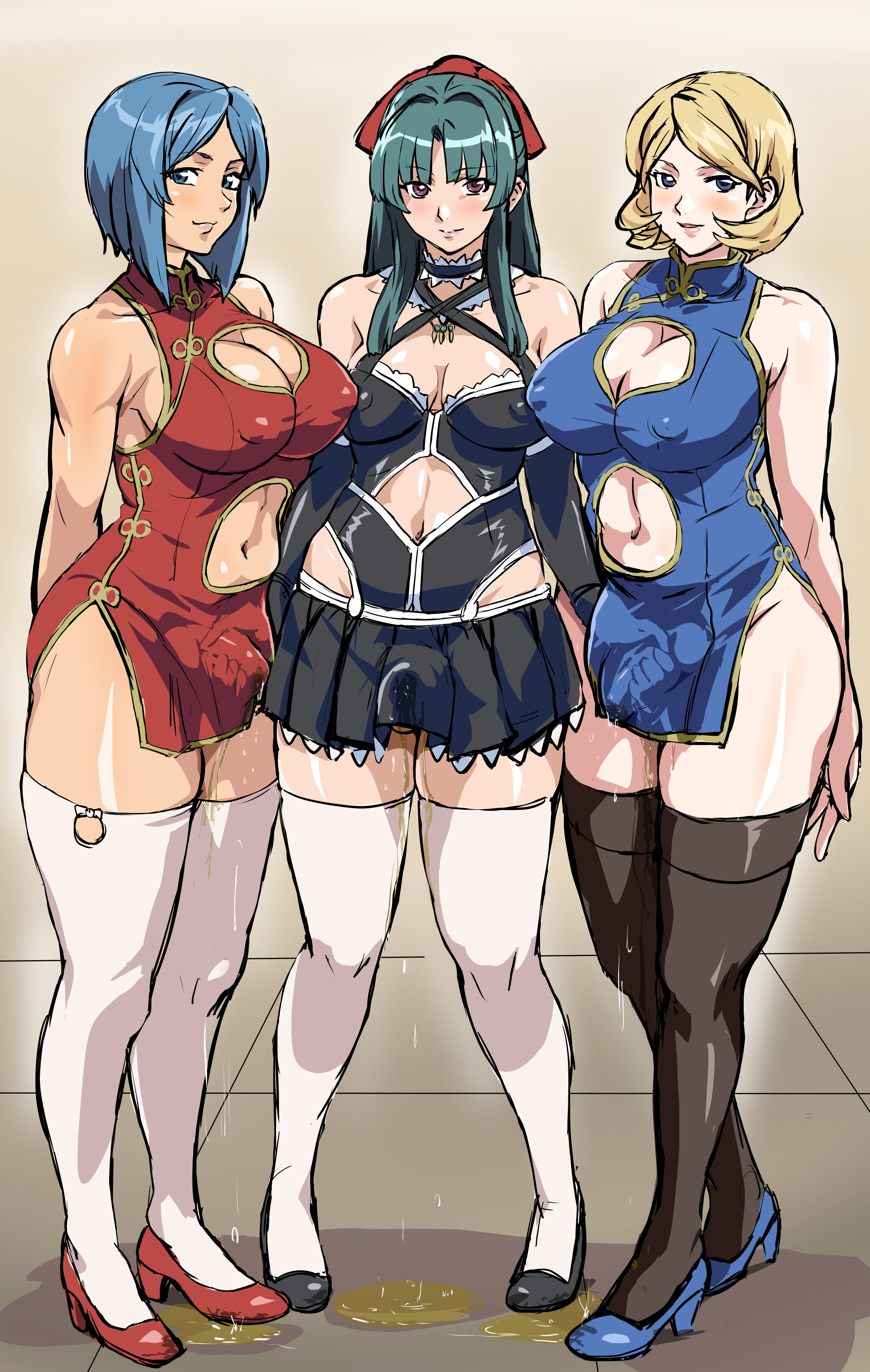 mamesi (suhk8583), mamiya marika, starless, absurdres, highres, 3girls, bare shoulders, blonde hair, blue eyes, blue hair, breasts, china dress, chinese clothes, cleavage, covered erect nipples, double handjob, dress, food, futa with futa, futanari, green hair, hair ribbon, handjob, large breasts, long hair, looking at viewer, multiple girls, nipples, pie, purple eyes, ribbon, short hair, skirt, smile, standing, stomach, thighhighs, white thighhighs