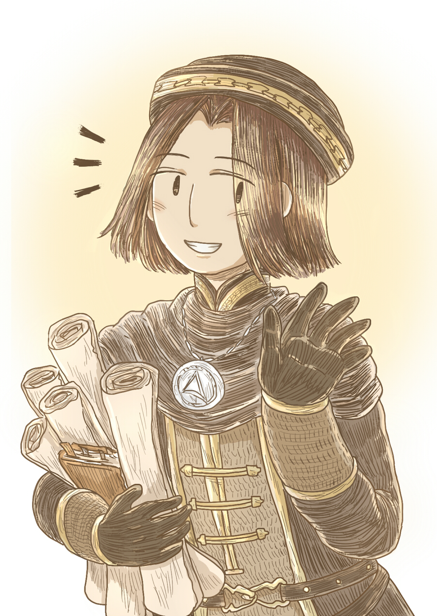 griggs of vinheim, dark souls (series), dark souls i, commentary request, highres, 1boy, black eyes, black gloves, black tunic, book, brown hair, curtained hair, empthylee, gloves, grin, holding, holding book, holding scroll, jewelry, looking at viewer, male focus, necklace, no sclera, notice lines, scroll, short hair, smile, solo, tunic, upper body, waving, white background