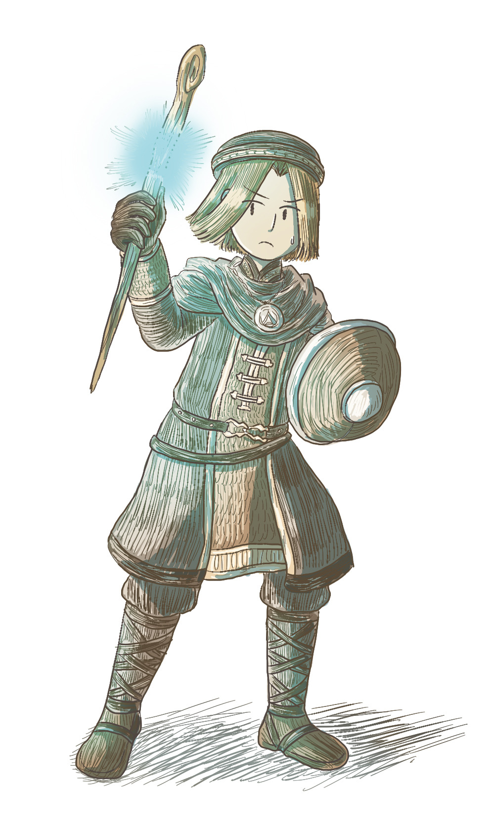 griggs of vinheim, dark souls (series), dark souls i, commentary request, highres, 1boy, black boots, black eyes, black hat, black tunic, boots, closed mouth, curtained hair, empthylee, full body, hat, holding, holding shield, holding staff, looking at viewer, magic, male focus, no sclera, shield, short hair, simple background, solo, staff, tunic, white background