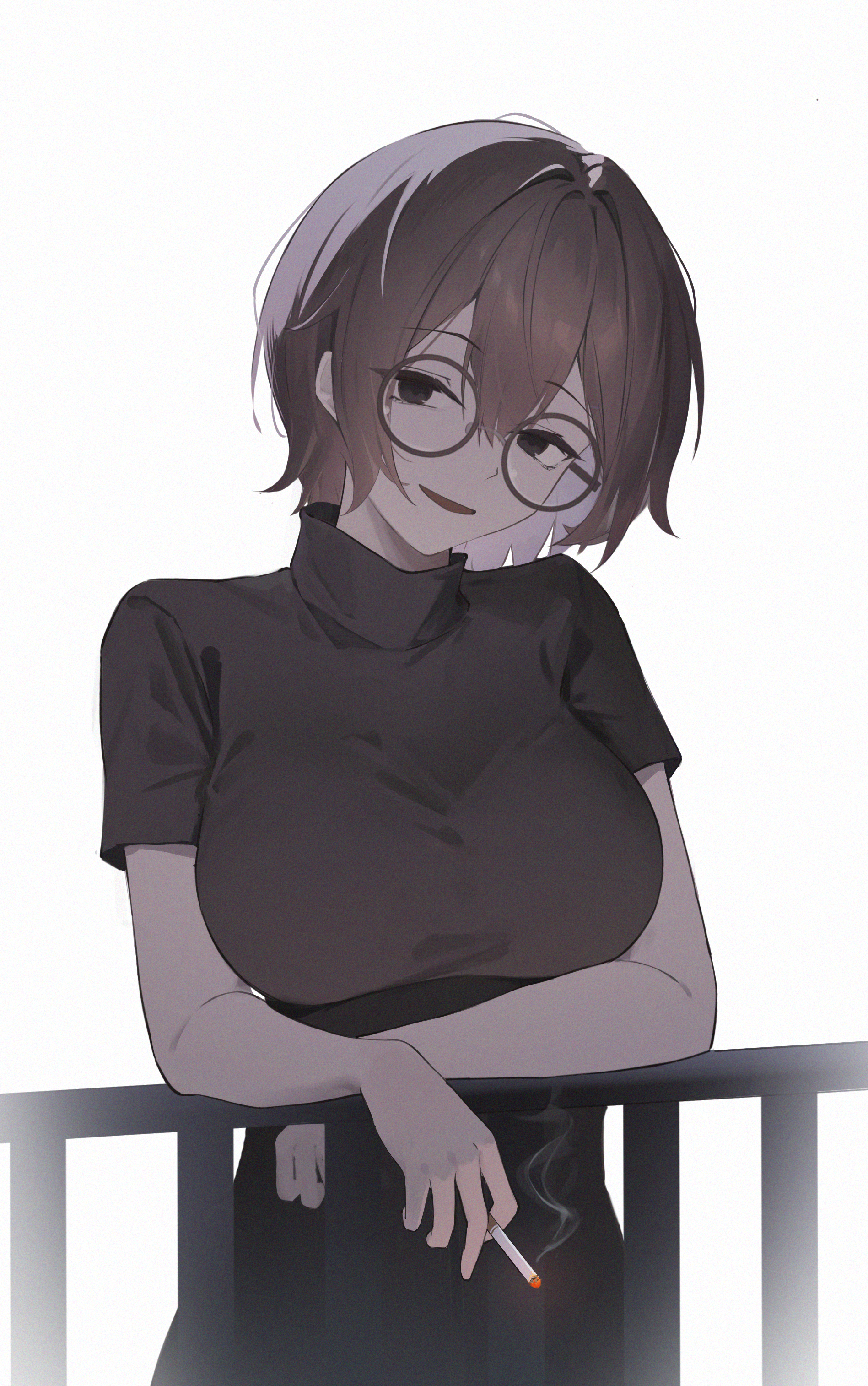 0 tang hongcha, uguisu anko, yofukashi no uta, absurdres, commentary request, highres, 1girl, arm rest, black-framed eyewear, black eyes, black shirt, black skirt, breasts, brown hair, cigarette, glasses, holding, holding cigarette, large breasts, looking at viewer, railing, round eyewear, shirt, short hair, short sleeves, simple background, skirt, smile, smoking, solo, white background