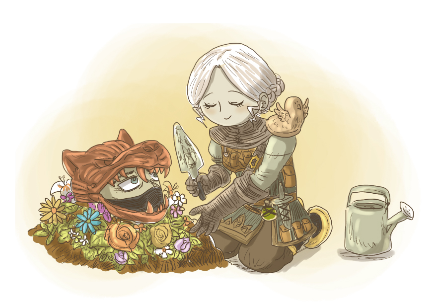 bearer of the curse, dark souls (series), dark souls ii, commentary request, 1boy, 1girl, blue flower, braid, brown gloves, brown pants, closed eyes, closed mouth, disembodied head, empthylee, flower, full body, gardening, gloves, green shirt, half up braid, head of vengral, holding trowel, orange flower, pants, shirt, smile, watering can, white background, white hair, yellow flower