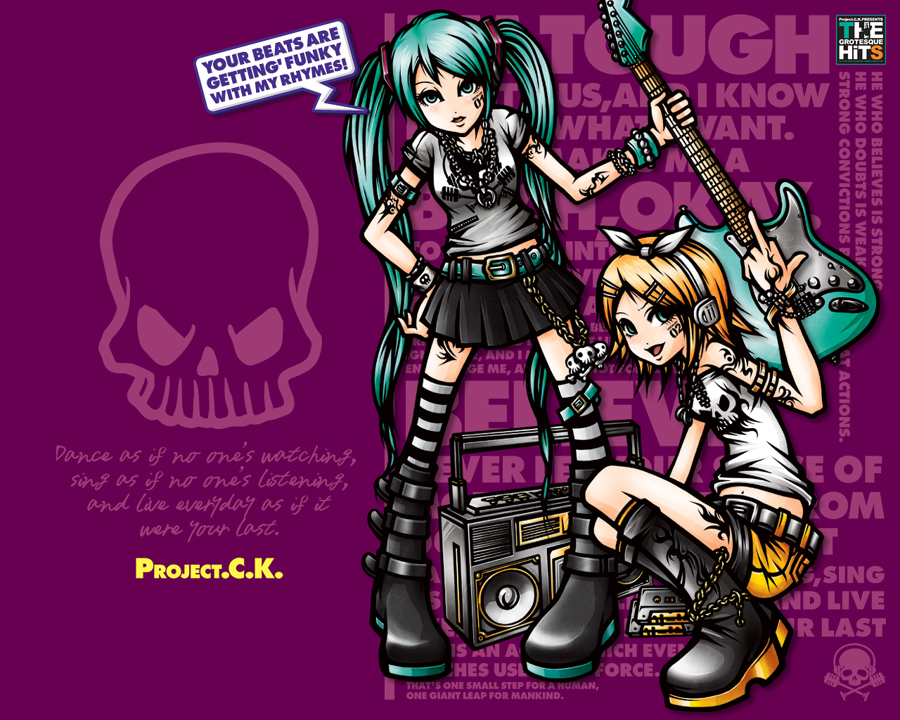 project.c.k., hatsune miku, kagamine rin, vocaloid, striped legwear, aqua eyes, aqua hair, belt, blonde hair, boombox, boots, cassette tape, chain, english text, engrish text, guitar, headphones, instrument, long hair, middle finger, ranguage, shirt, skirt, skull, striped clothes, striped thighhighs, t-shirt, tattoo, thighhighs, twintails, very long hair