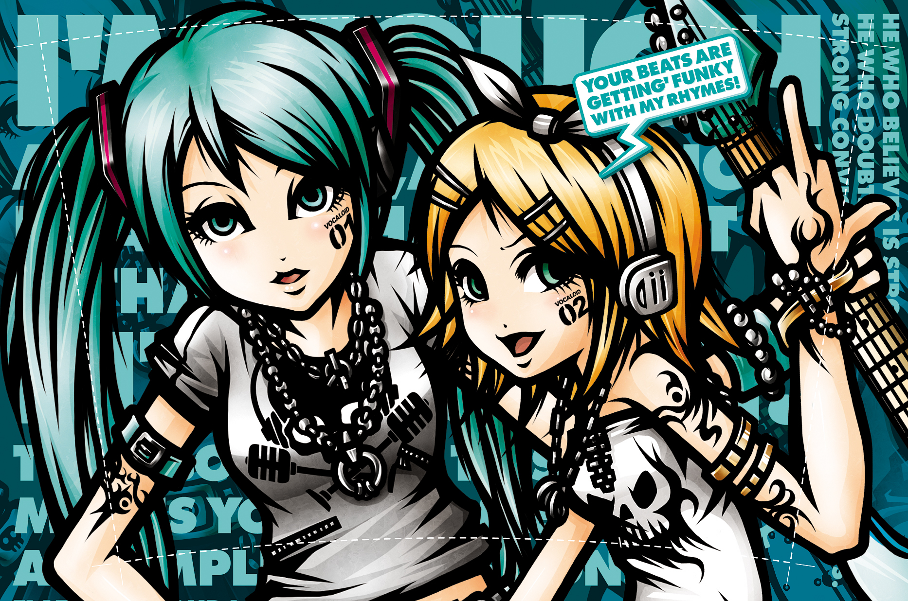 project.c.k., hatsune miku, kagamine rin, vocaloid, highres, aqua eyes, aqua hair, blonde hair, chain, english text, engrish text, guitar, hair ornament, hairpin, headphones, instrument, middle finger, ranguage, skull, tattoo, twintails
