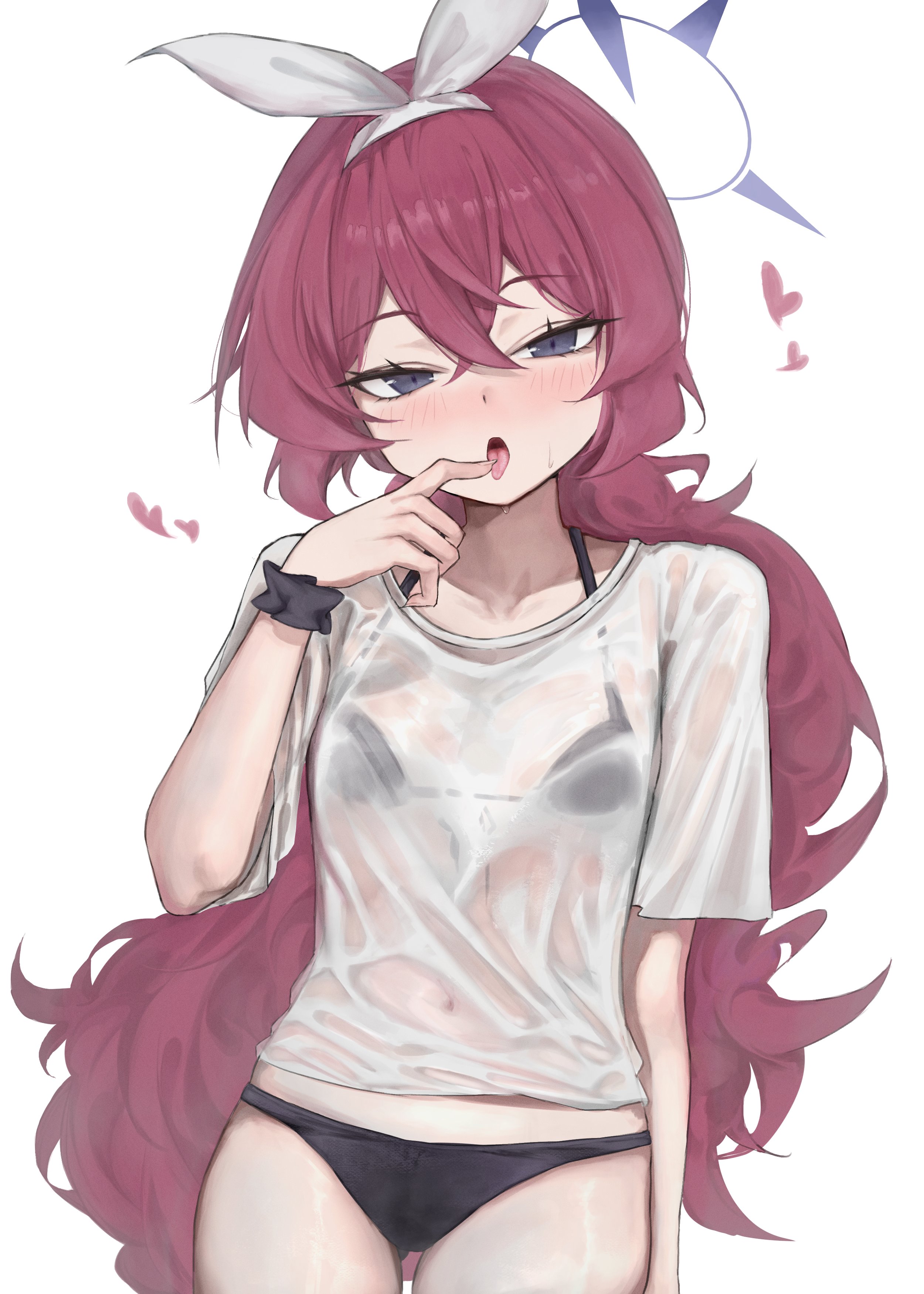 ahiru (ahahahahiru), iroha (blue archive), blue archive, fluffy hair, absurdres, highres, 1girl, ahegao, alternate costume, bikini, black bikini, blue eyes, blue halo, blush, hair ornament, hair ribbon, halo, heart, licking, licking finger, long hair, looking at viewer, red hair, ribbon, see-through clothes, shirt, simple background, solo, swimsuit, tongue, tongue out, very long hair, wet, wet clothes, wet shirt, white background, white ribbon