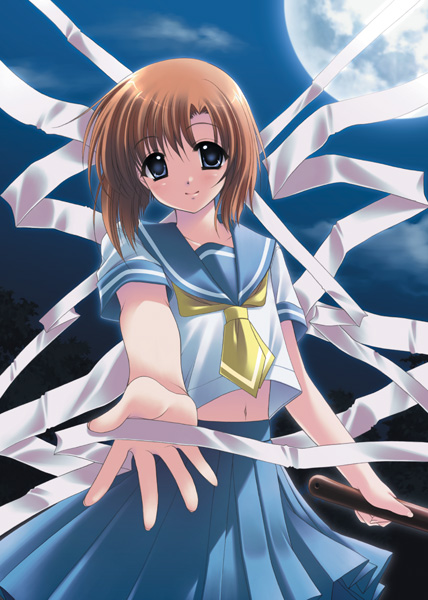 nishimata aoi, ryuuguu rena, higurashi no naku koro ni, 00s, 1girl, female focus, midriff, moon, navel, night, ribbon, school uniform, serafuku, short sleeves, skirt, solo