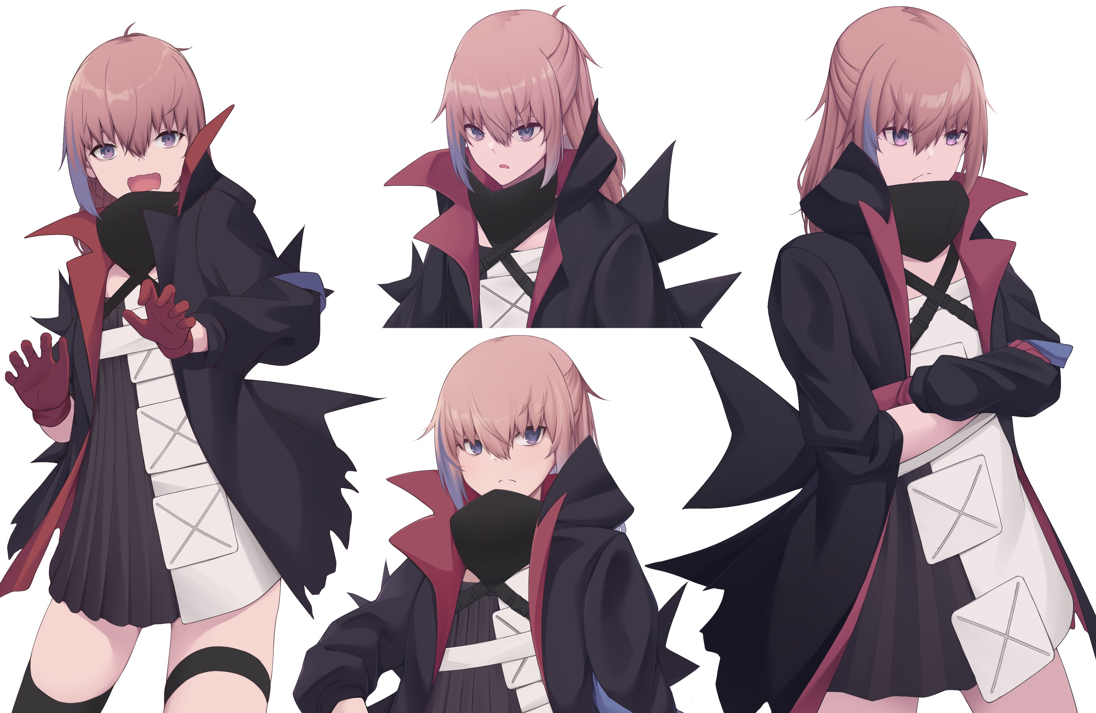 act (xadachit), st ar-15 (girls' frontline), st ar-15 (mod3) (girls' frontline), girls' frontline, absurdres, commentary, english commentary, highres, 1girl, asymmetrical legwear, black dress, black jacket, black thighhighs, blue hair, cowboy shot, cropped arms, cropped torso, dress, frown, gloves, hair between eyes, jacket, long hair, long sleeves, looking at viewer, mask, multicolored hair, multiple views, open clothes, open jacket, open mouth, pink hair, purple eyes, red gloves, sidelocks, simple background, single thighhigh, streaked hair, thigh strap, thighhighs, two-tone dress, upper body, white background, white dress