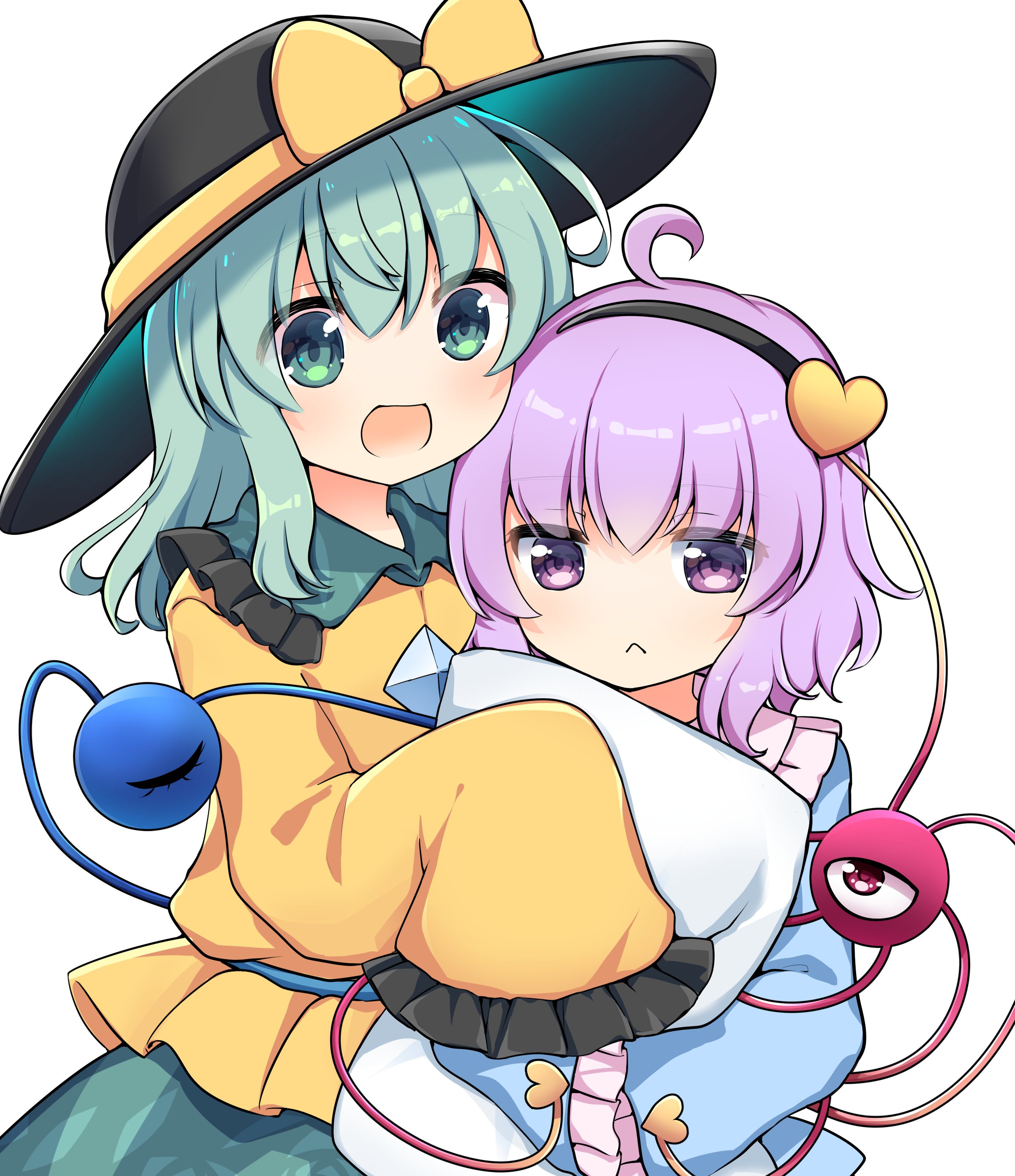 rapameri, komeiji koishi, komeiji satori, touhou, absurdres, commentary, highres, 2girls, :<, :d, ahoge, black hairband, black hat, blue shirt, bow, closed mouth, collared shirt, frilled shirt collar, frilled sleeves, frills, green eyes, green hair, green skirt, hair ornament, hairband, hat, hat bow, hat ribbon, heart, heart hair ornament, looking at viewer, medium hair, multiple girls, open mouth, pillow, purple eyes, purple hair, ribbon, shirt, short hair, siblings, simple background, sisters, skirt, sleeves past fingers, sleeves past wrists, smile, third eye, upper body, white background, yellow bow, yellow ribbon, yellow shirt