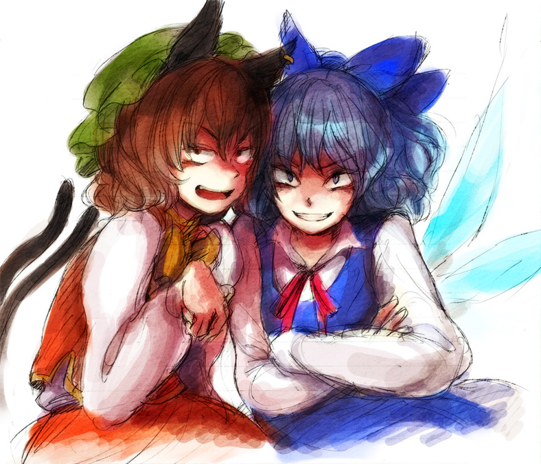 yukizen, chen, cirno, touhou, bad id, bad pixiv id, 2girls, animal ears, blue eyes, blue hair, brown eyes, brown hair, cat ears, cat girl, cat tail, crossed arms, evil grin, evil smile, female focus, grin, multiple girls, ribbon, sketch, smile, tail, wings, you gonna get raped