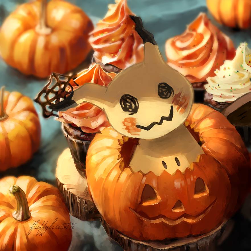 fluffybiscotti, mimikyu, nintendo, pokemon, artist name, blurry, blurry background, cupcake, food, gen 7 pokemon, jack-o'-lantern, looking at viewer, no humans, pokemon (creature), pumpkin, solo, sweets