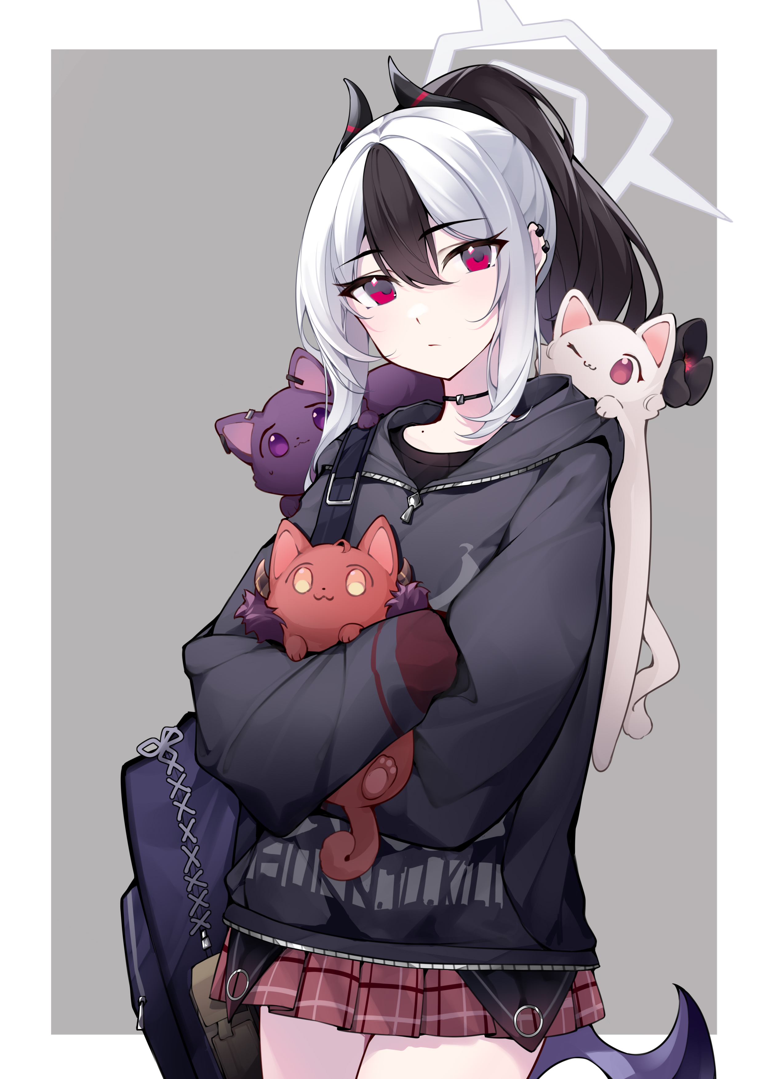 useless (102960190014), aru (blue archive), haruka (blue archive), kayoko (blue archive), mutsuki (blue archive), blue archive, absurdres, commentary request, highres, 1girl, :3, animal, animal hug, animalization, backpack, bag, black cat, black choker, black hair, black shirt, black sweater, cat, choker, collarbone, cowboy shot, demon girl, demon horns, demon wings, ear piercing, english text, grey halo, halo, hood, hooded sweater, horns, long hair, long sleeves, looking at viewer, mole, mole on collarbone, multicolored hair, orange cat, piercing, plaid clothes, plaid skirt, pleated skirt, ponytail, print sweater, problem solver 68 (blue archive), purple eyes, red eyes, red skirt, shirt, sidelocks, simple background, single wing, skirt, solo focus, standing, sweater, t-shirt, two-tone background, two-tone hair, white cat, white hair, wings