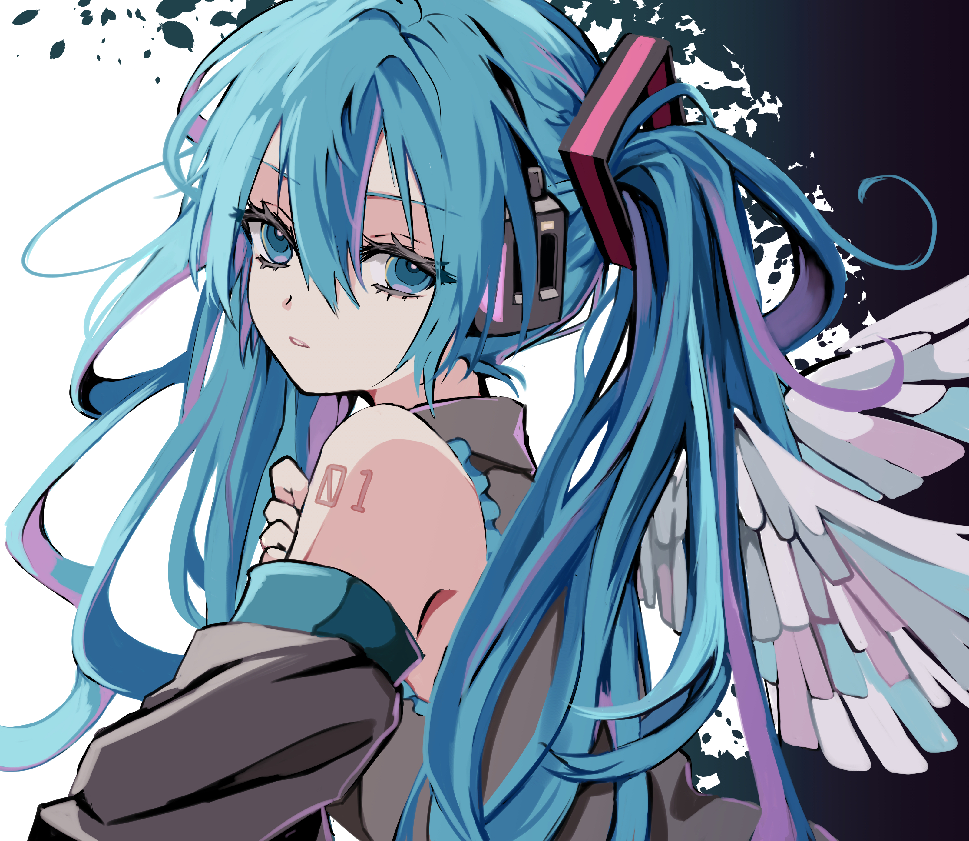 naguno-0713, hatsune miku, vocaloid, absurdres, commentary request, highres, 1girl, aqua eyes, aqua hair, arm tattoo, collared shirt, detached sleeves, eyelashes, grey shirt, grey sleeves, hair between eyes, long hair, long sleeves, looking at viewer, number tattoo, shirt, sleeveless, sleeveless shirt, solo, tattoo, twintails, wings