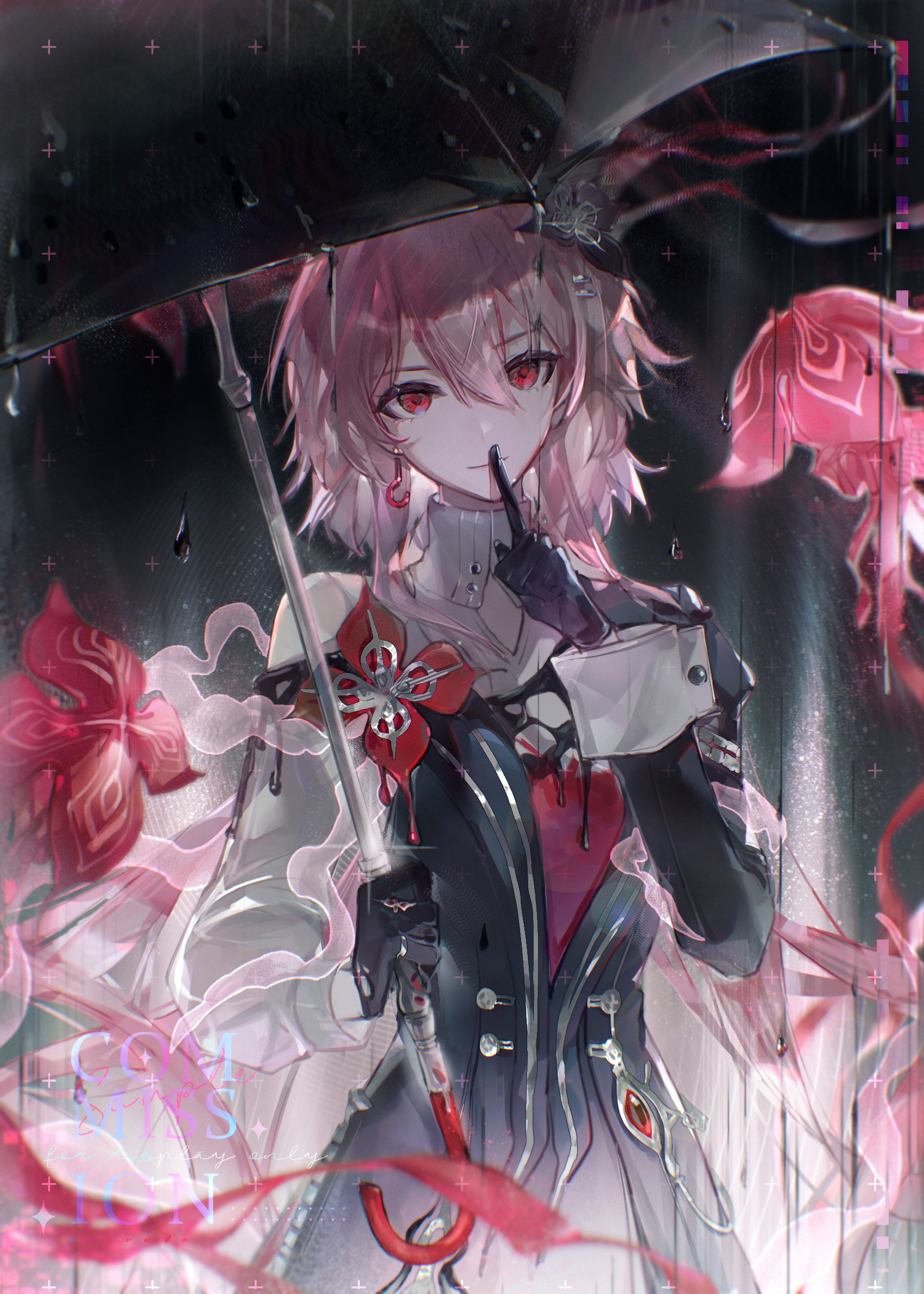 zeyal li hai, evernight (honkai: star rail), march 7th (honkai: star rail), honkai: star rail, honkai (series), commentary, commentary request, english commentary, highres, mixed-language commentary, 1girl, black dress, black flower, black gloves, black umbrella, cowboy shot, dress, earrings, finger to mouth, flower, flower ornament, gloves, hair between eyes, hair flower, hair ornament, holding, holding umbrella, jewelry, light smile, long hair, long sleeves, looking at viewer, official alternate eye color, pink hair, red eyes, shushing, single earring, solo, umbrella