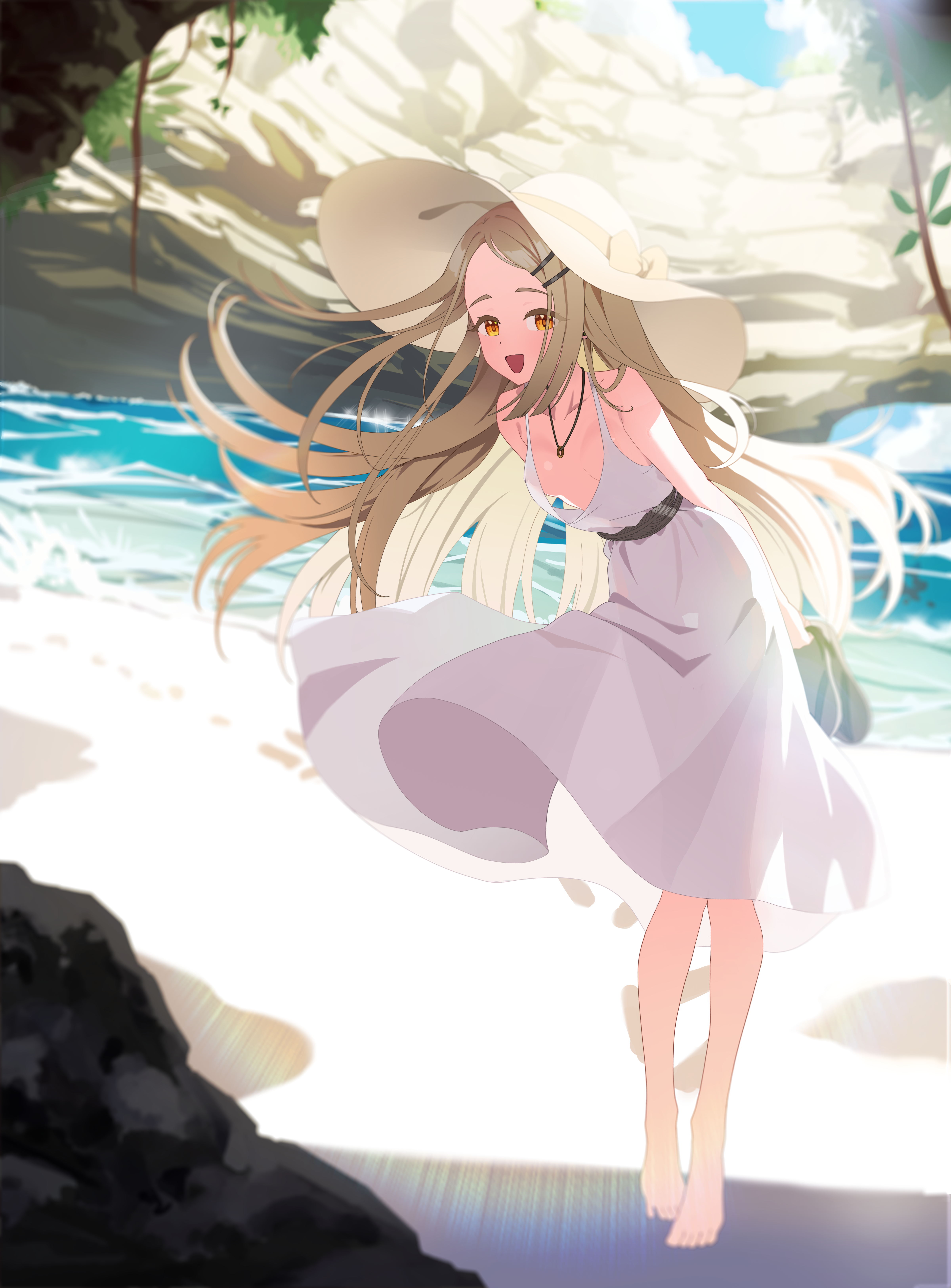 td (tandeom97), shinosawa hiro, gakuen idolmaster, idolmaster, absurdres, commentary request, highres, 1girl, alternate costume, bare legs, barefoot, blonde hair, blush, breasts, collarbone, colored eyelashes, covered erect nipples, downblouse, dress, floating hair, footprints, full body, hat, holding, holding shoes, holding unworn clothes, jewelry, leaning forward, long hair, looking at viewer, necklace, orange eyes, outdoors, see-through silhouette, shoes, sleeveless, sleeveless dress, small breasts, smile, solo, sun hat, unworn shoes, very long hair, white dress, white hat