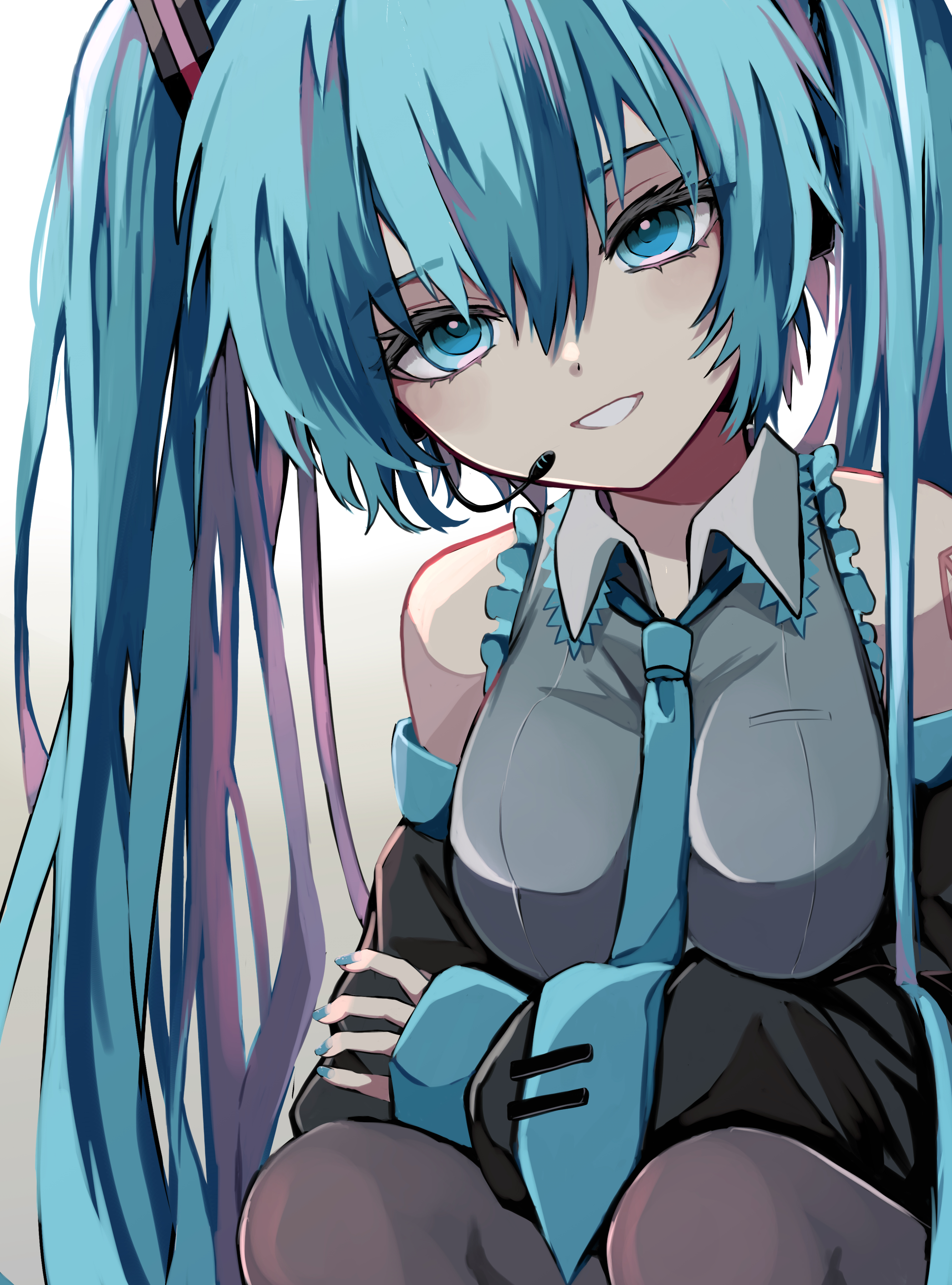naguno-0713, hatsune miku, vocaloid, absurdres, commentary request, highres, 1girl, :d, aqua eyes, aqua hair, arm tattoo, black shoes, black sleeves, blue nails, blue necktie, boots, breasts, collared shirt, detached sleeves, eyelashes, fingernails, grin, hair between eyes, headset, long hair, long sleeves, looking at viewer, nail polish, necktie, number tattoo, open mouth, shirt, shoes, sleeveless, sleeveless shirt, smile, solo, tattoo, teeth, thigh boots, tie clip, twintails, very long hair